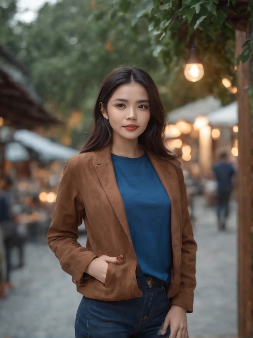 ( high quality photography) Indonesia women, flowing brown jacket, blue jeans pants, black hair, stand outdoor cafe, night, lamps, depth blur, bokeh, 300 DPI, Enchanting Atmosphere, photo, 8k, dynamic action,