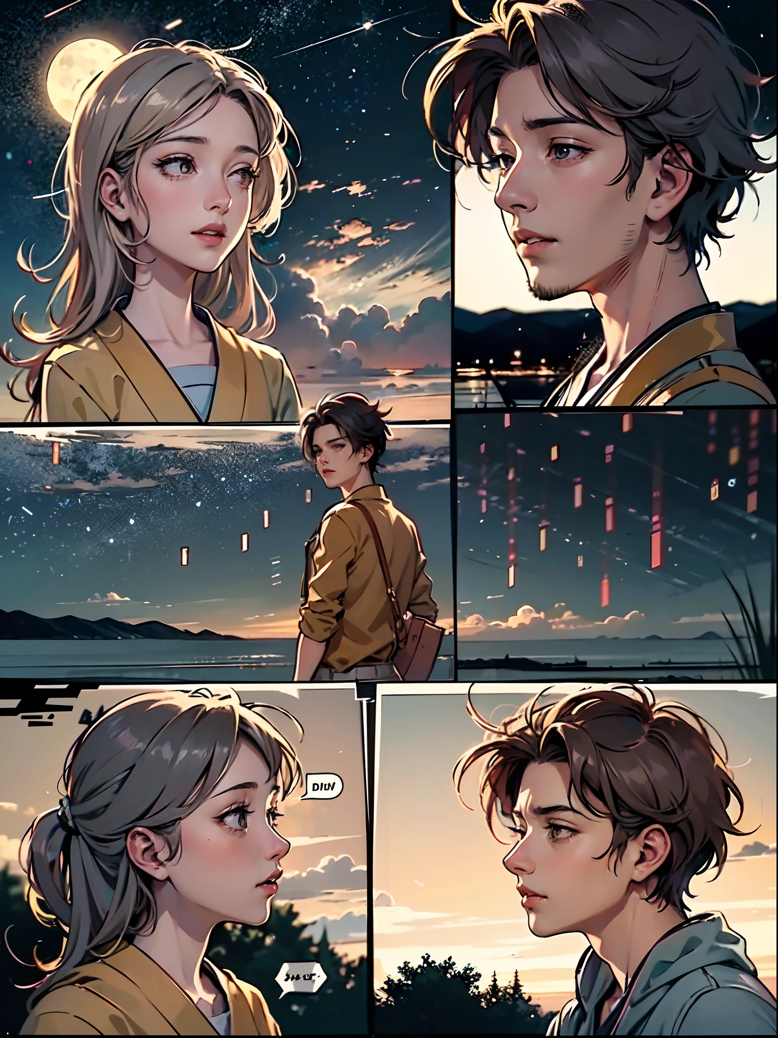 Comic storyboard:1.8, comic strip, English text, draw the Story of the woman who loves to the 30 year's man, anime emoji theme, night sky, beautiful Firefly, text dialogue box, Japanese anime manga style, hyperHD, 24K UHD, anime looks.