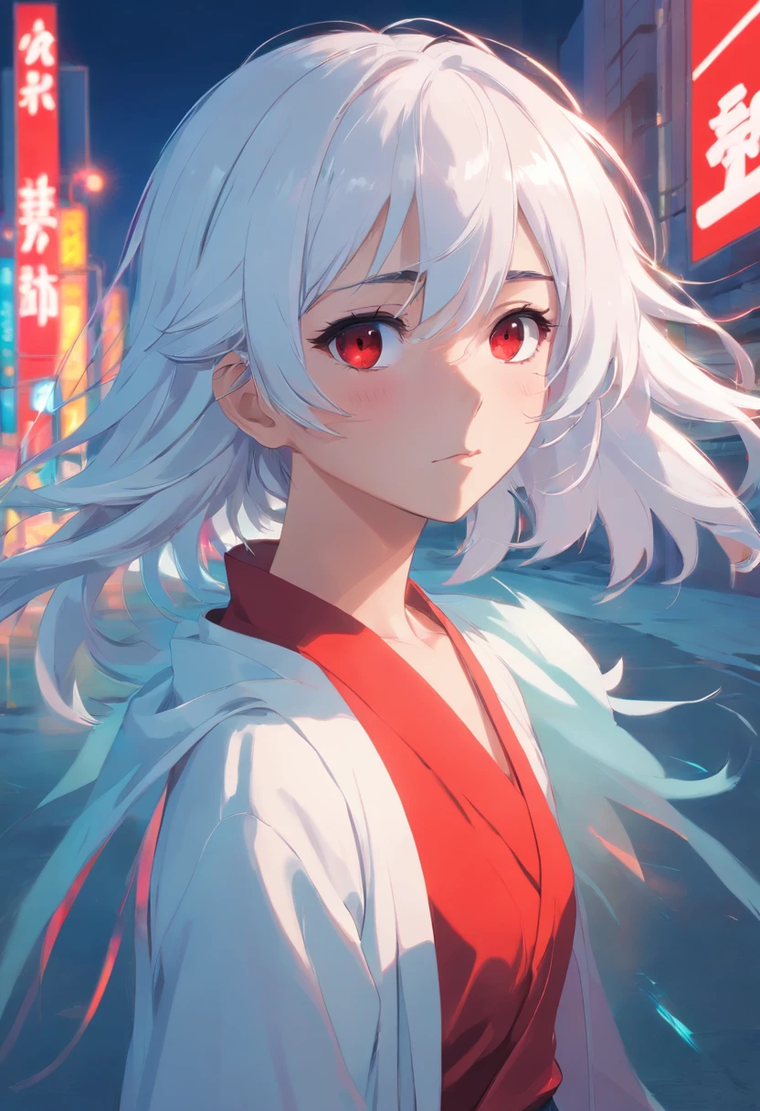 White hair, Red eyes, Expressionless, side swept bangs, surrealism, shadowing, anaglyph, Atmospheric perspective, zoom layer, zoom layer, 8K, Super detail, ccurate, Best quality