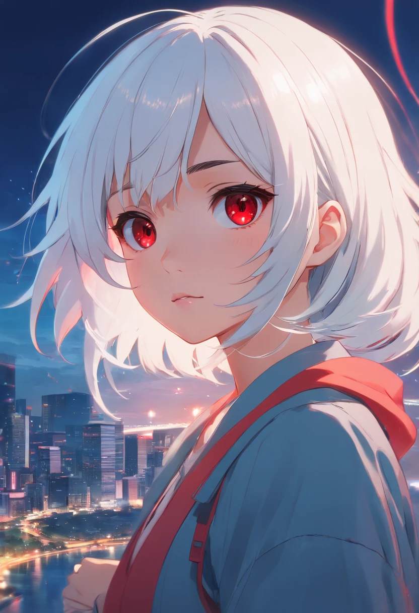 White hair, Red eyes, Expressionless, side swept bangs, surrealism, shadowing, anaglyph, Atmospheric perspective, zoom layer, zoom layer, 8K, Super detail, ccurate, Best quality