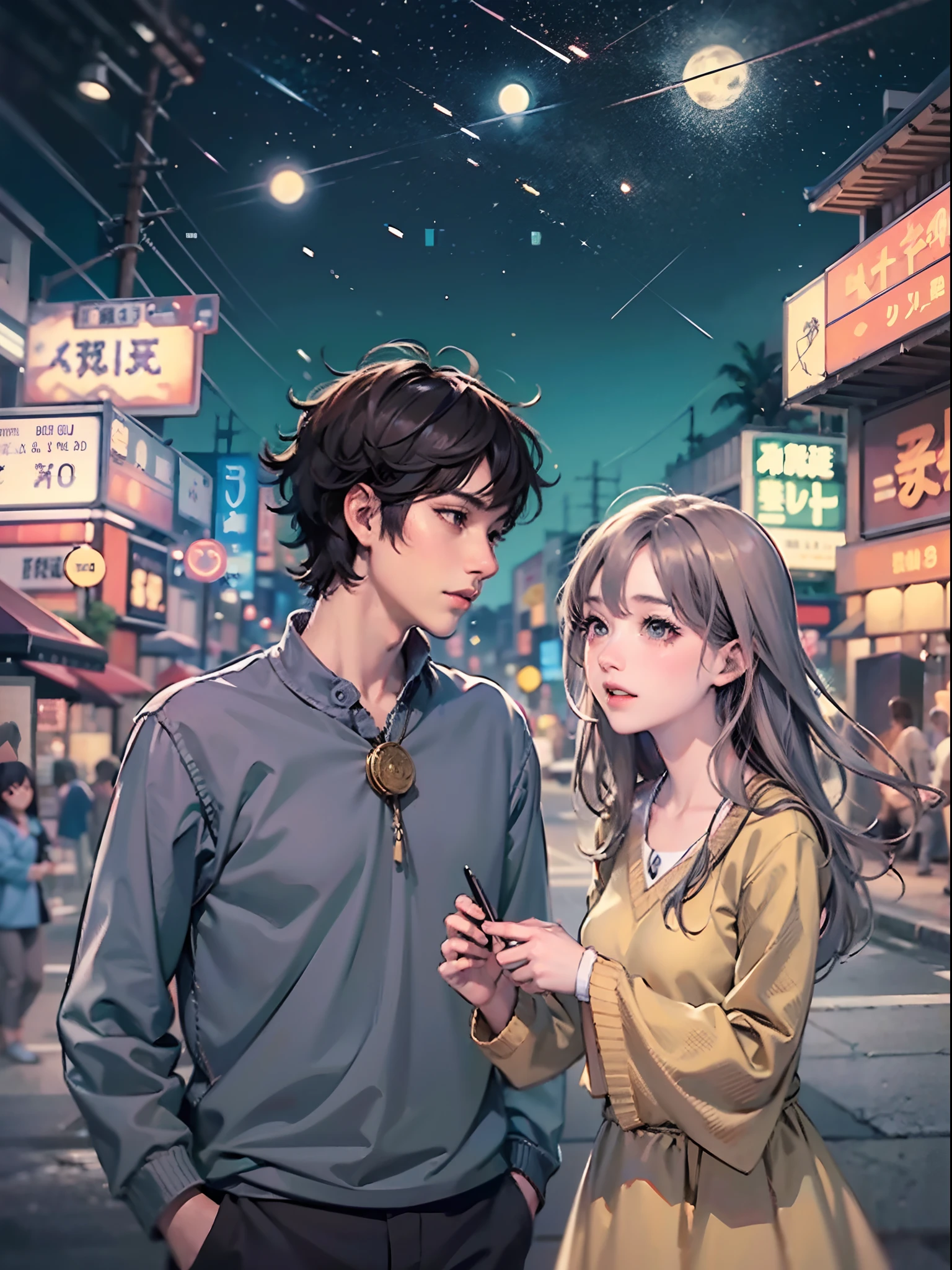 Comic storyboard:1.8, comic strip, English text, draw the Story of the woman who loves to the 30 year's man, anime emoji theme, night sky, beautiful Firefly, text dialogue box, Japanese anime manga style, hyperHD, 24K UHD, anime looks.