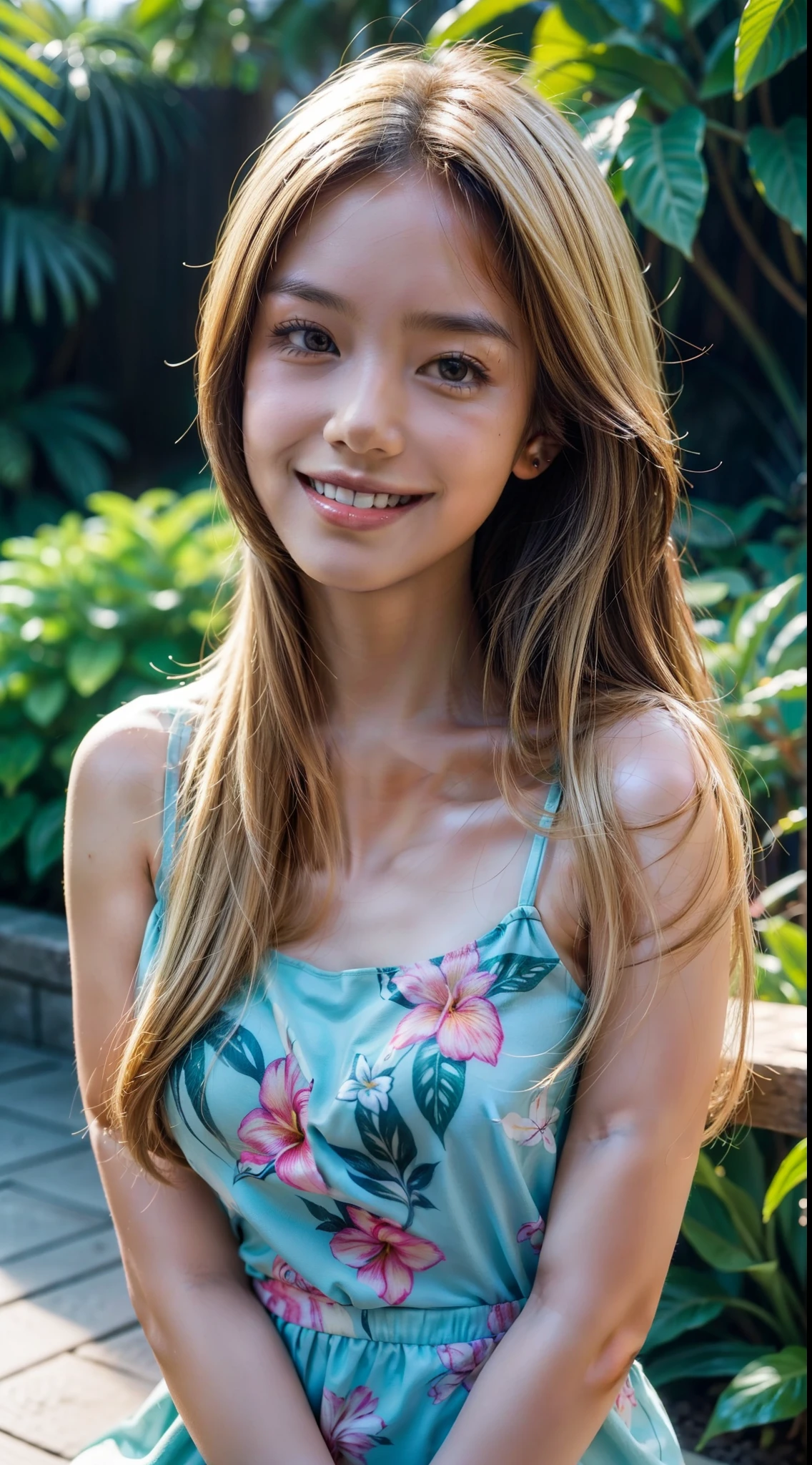 A drawing of a beautiful smiling, Hawaiian girl, flower, background is a tropical garden, mood is delicate, sensitive, loving, happy, daytime light, light blonde long hair emo pin up girl, striking a pose, midshot, centered image, ultra detail, extremely face detail, extremely eye detail