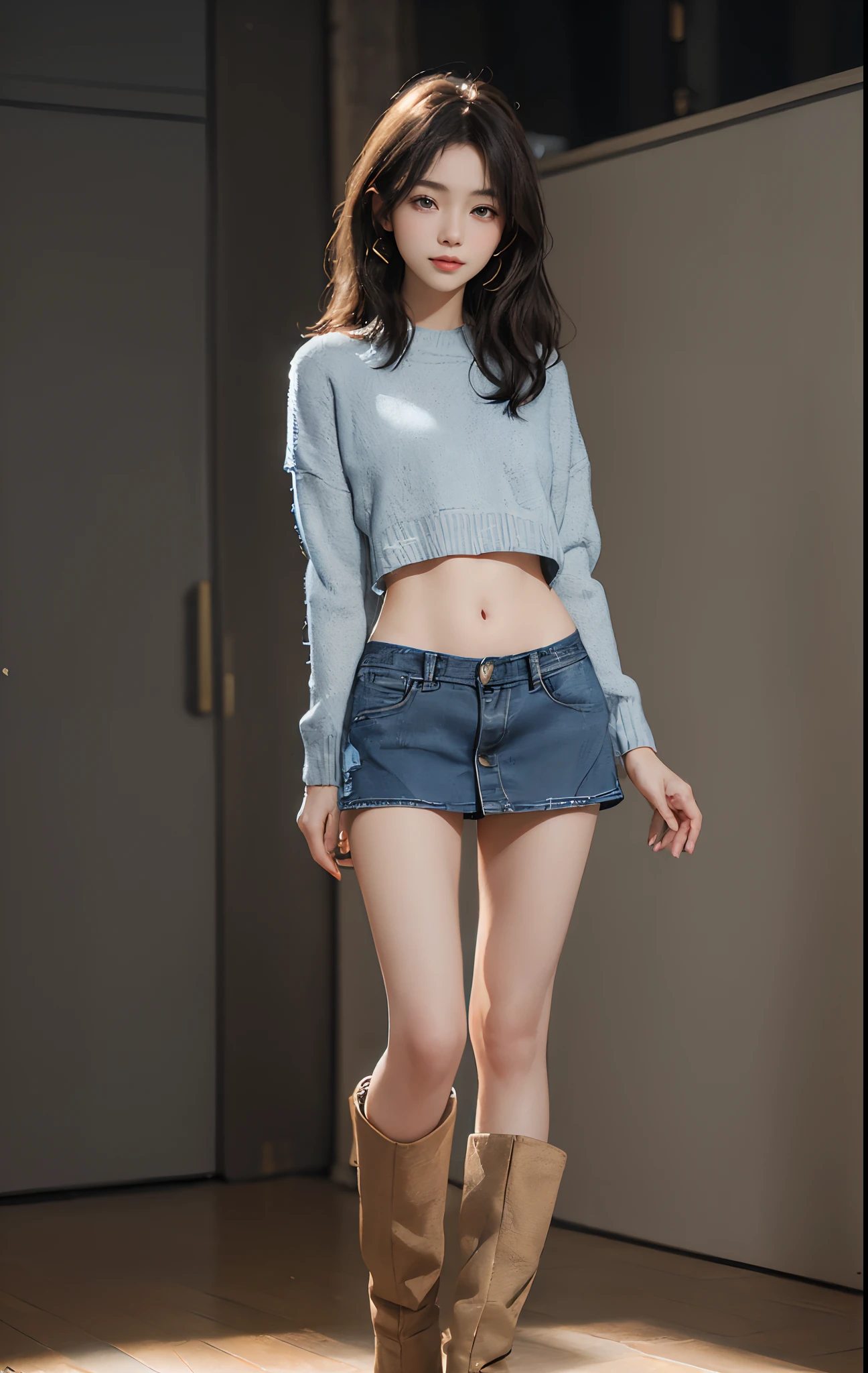 (masuter piece:1.3)、(8K、Photorealsitic、Raw photography、top-quality: 1.4)、(1girl in)、beautiful countenance、(Lifelike face)、(A dark-haired、short-hair:1.3)、Beautiful hairstyle、realisticeyes、Beautiful details、(real looking skin)、Beautiful skins、absurderes、enticing、超A high resolution、A hyper-realistic、high-detail、the golden ratio、((wide open abdomen))、((open abdomen))、((wide open navel))、((open navel))、((Mid-Riff Sweater))、((Ultra-low rise、Denim Mini Skirt))、((Navel Ejection))、((small hips))、((long limbs))、((Full body depiction))、((small hip))、(Ultra-low rise))、((Denim Mini Skirt))、((is standing))、