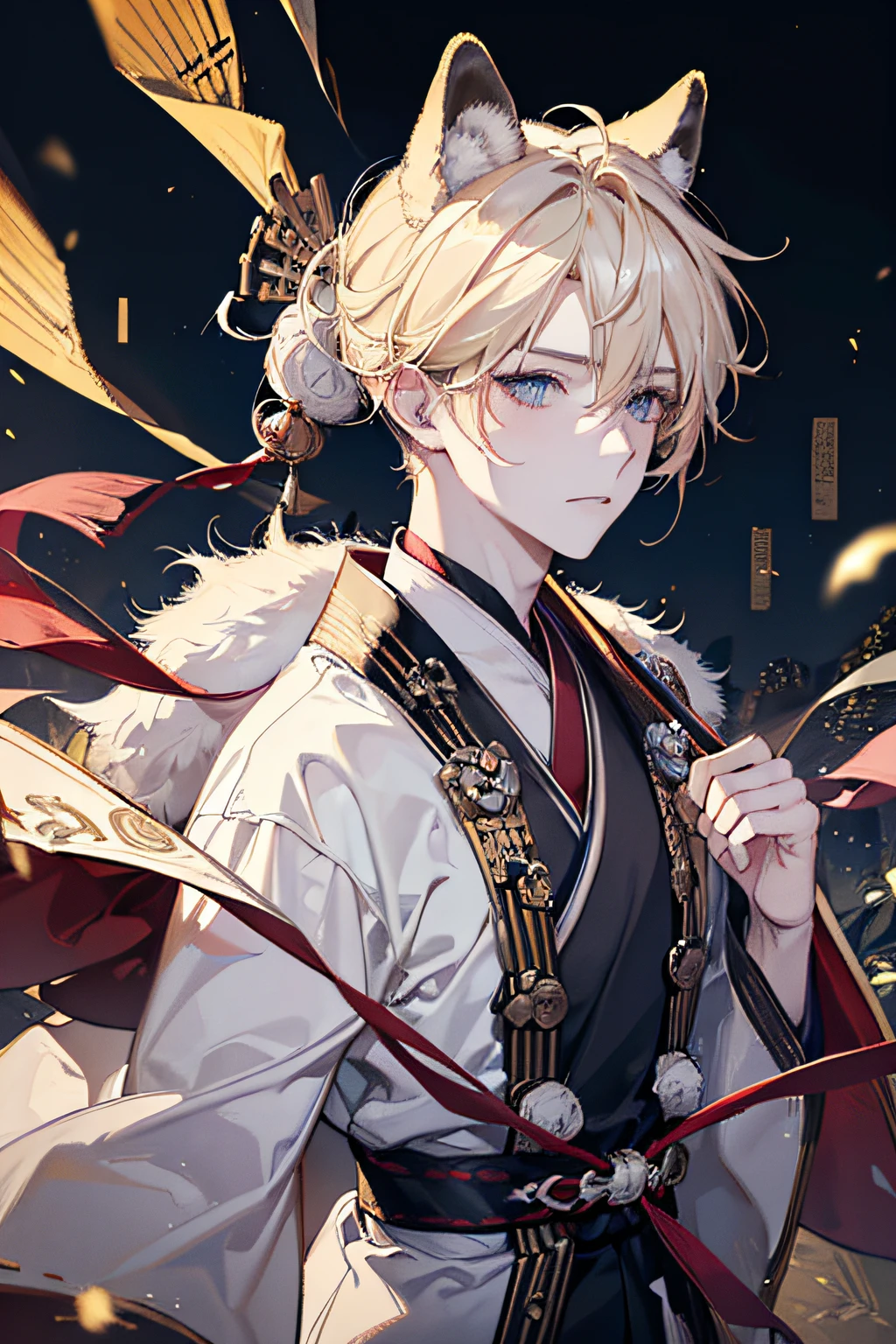 A hyper-realistic 8k dynamic shot of a young man with a raccoon tail and ears, Usando ropa japonesa, {{{{{blonde hair and fur}}}}}, light particules, in a Japanese street background from the Edo period, Estilo de emblema de fuego, Manos realistas de 5 dedos