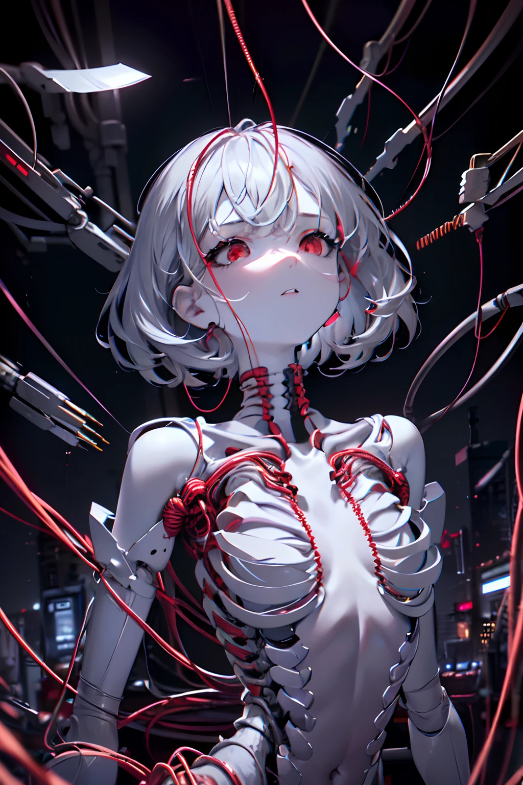 extremely delicate and beautiful girls, Show from the hips to the shoulders, from_above, flat chest, (very short hair), big forhead, grey hair, no facial features, (emotionless eyes:1.3), parted_lips, red eyes, white skin, black_gloves, (Full body bandaged), (mechanical prosthetic arm and leg), skindentation, black Clothes, (Blood vessels connected to tubes), (Mechanical vertebrae attached to the back), (Mechanical cervical vertebrae attached to the neck), (sitting), Expressionless, (wires and cables attached to the head and body:1.5), professional lighting, best quality, masterpiece, ultra detailed, captures a super cute moment, depth of field, ultra high resolution, fine details, 16k wallpaper,