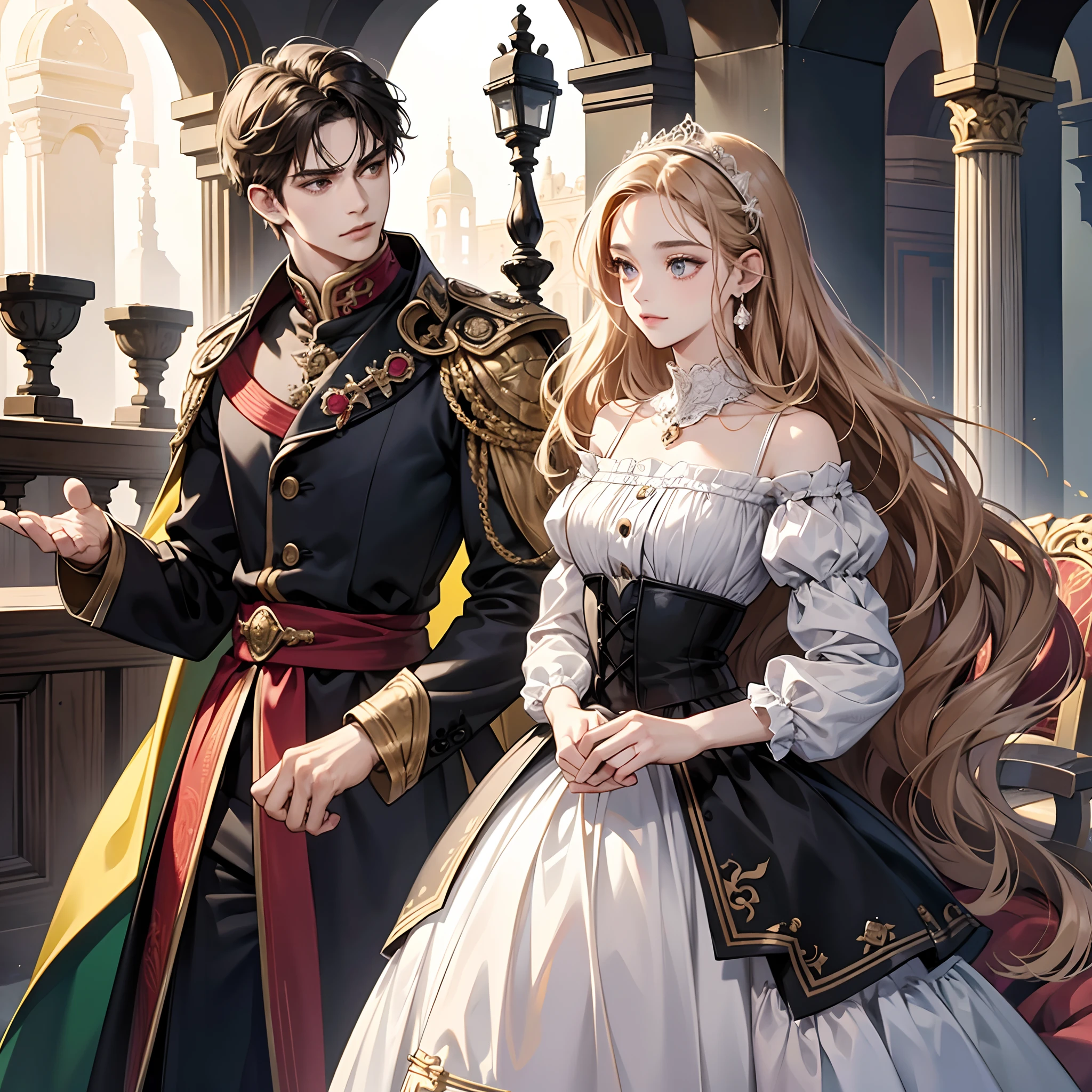 Pareja hetero ,1 Hombre y 1 Mujer, Besando, (Diferencia de altura), cheerfulness, Amar, (abrazar), (La mujer yace en los brazos de un hombre), 1 woman with very long wavy light brown hair, ojos de color dorado, long eyeslashes, rubor, very pale skin, hermosa, delicada, pechos medianos, small waist, Vestido de tonos claros, RococoStyle, Estilo Lolita, Lodress, tacones altos, cuerpo completo, dentro, en el castillo, decoraciones de lujo. 1 Hombre alto, de cuerpo fuerte, (taller than women)cabello semi largo de color blanco, ojos de color rojo, pale-skin, tatuajes en su torso y brazos, half dragon, armadura, guapo, atractivo. Diferente color de cabello, fantasy, primavera, sode, castillo, trono, rey, reina, realeza, nobleza, romantic, fantastical, romance novel cover, hiper detallado, la mejor calidad, arte Oficial, Cara detallada, Ojos extremadamente detallados, Altas Resoluciones, Ultra detallado, Obra maestra.