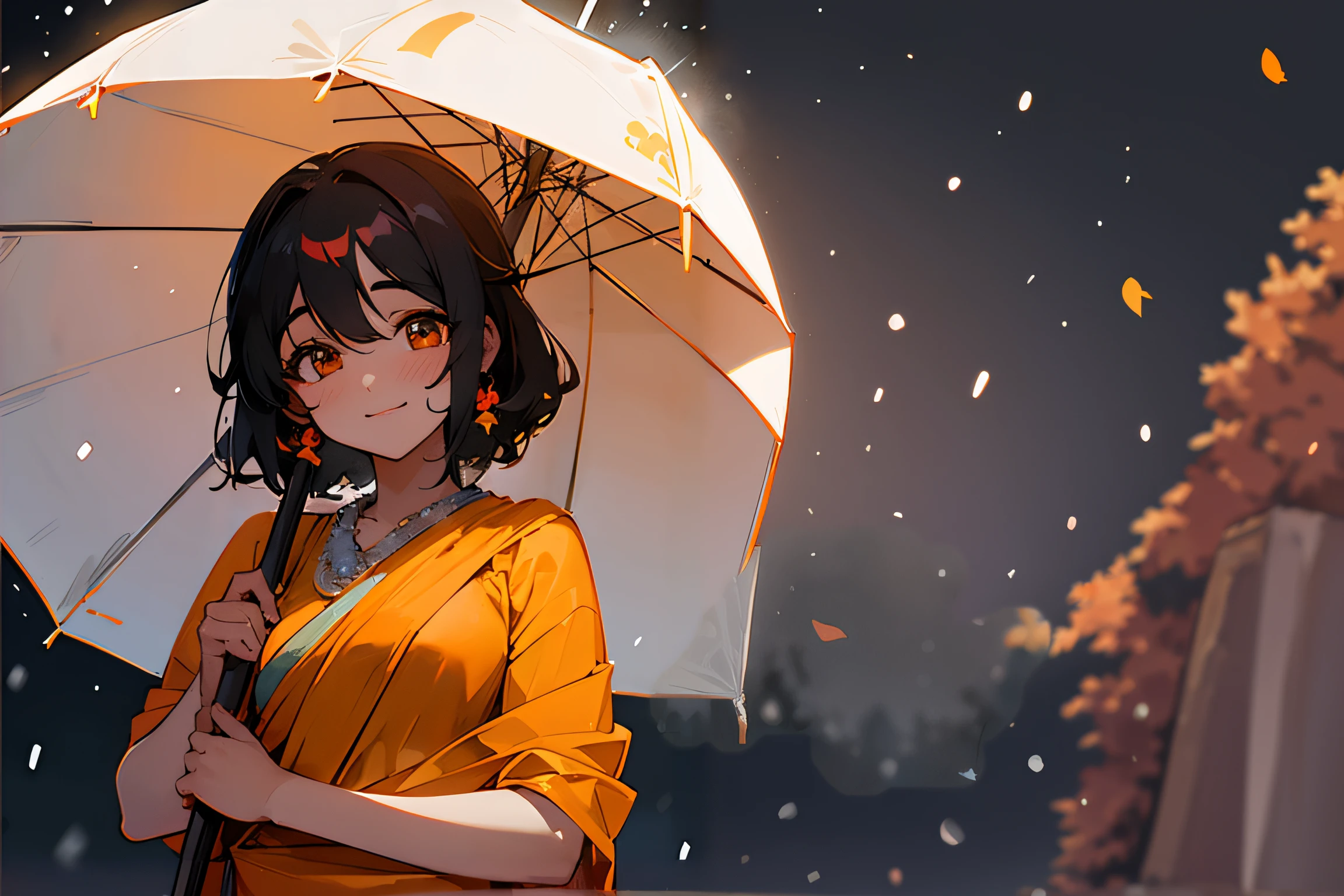rain, fallen leaves, raining, night sky, autumn, anime, realistic