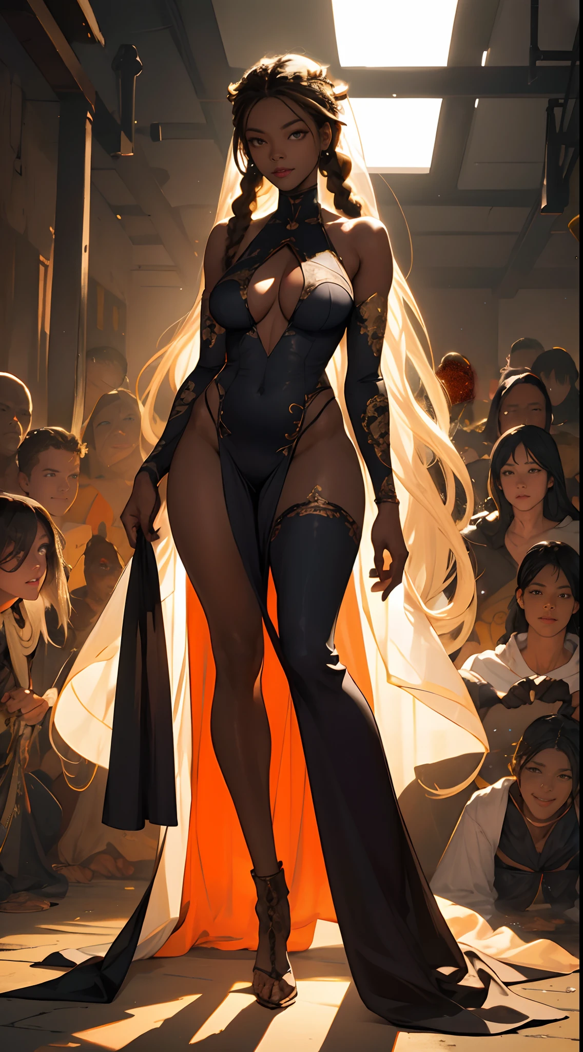 2D， CheDark Fantasy，（tmasterpiece，best qualtiy，ultra - detailed，A high resolution，Most Best Illustration），（full body shot shot），s the perfect face，（（独奏，Focus individually）），Sideslit，Glow skin，（blooms），（Shine），Ray traching，1girll，A woman of great stature, slim sexy body，独奏，Dark  skin，No jewelry，Dark-skinned women，He is exceptionally tall，Extremely tall，O cabelo multicolorido，cparted lips，blond hairbl，full bodyesbian，with brown eye，Huge breasts，Big breasts Thin waist，fat hips，Unbelievably exaggerated long legs，exposed bare shoulders，hair adornments，putting makeup on，Booties，Extra-long hair fell to the ground，brunette color hair，very dark skin，hair braids，Depth_af_Field， urban backdrop，very highly detailed background，extreme light and shadows，（Detailed eyes），（The beautiful）beatiful detailed eyes，Perfect litthing，perfect anatomia，（Very detailed illustration 8k wallpaper），（tmasterpiece），（best qualtiy），（ultra - detailed），（Most Best Illustration），（Best shadow），vivd colour，full-body portraits，bshoulders，full bodyesbian
