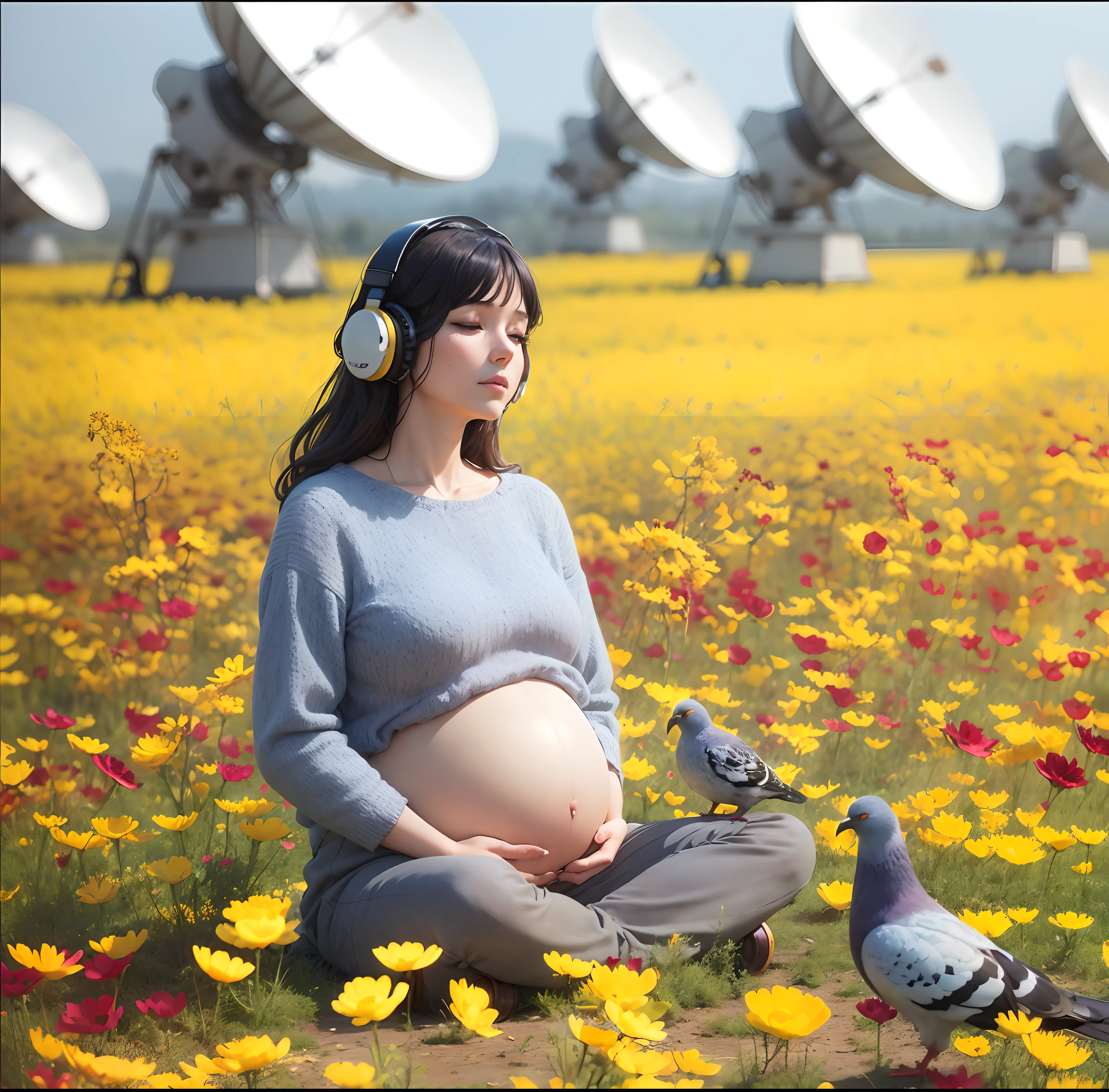Pregnant woman sitting in a field full of yellow and red anemones wearing headphones with radio telescopes behind her.Behind her, a man and his daughter watch through a telescope