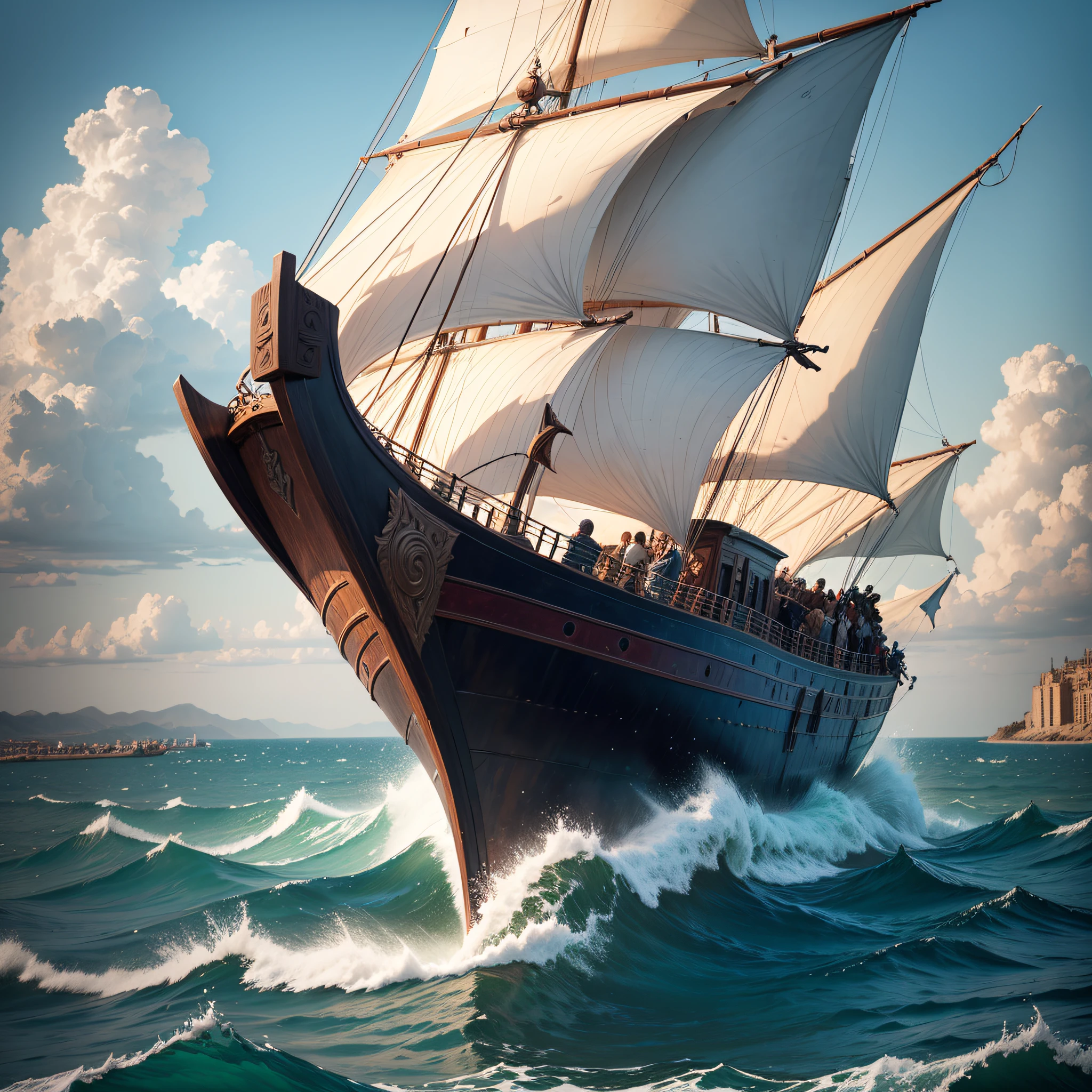 An image of Jonah fleeing the city of Joppa toward the boat