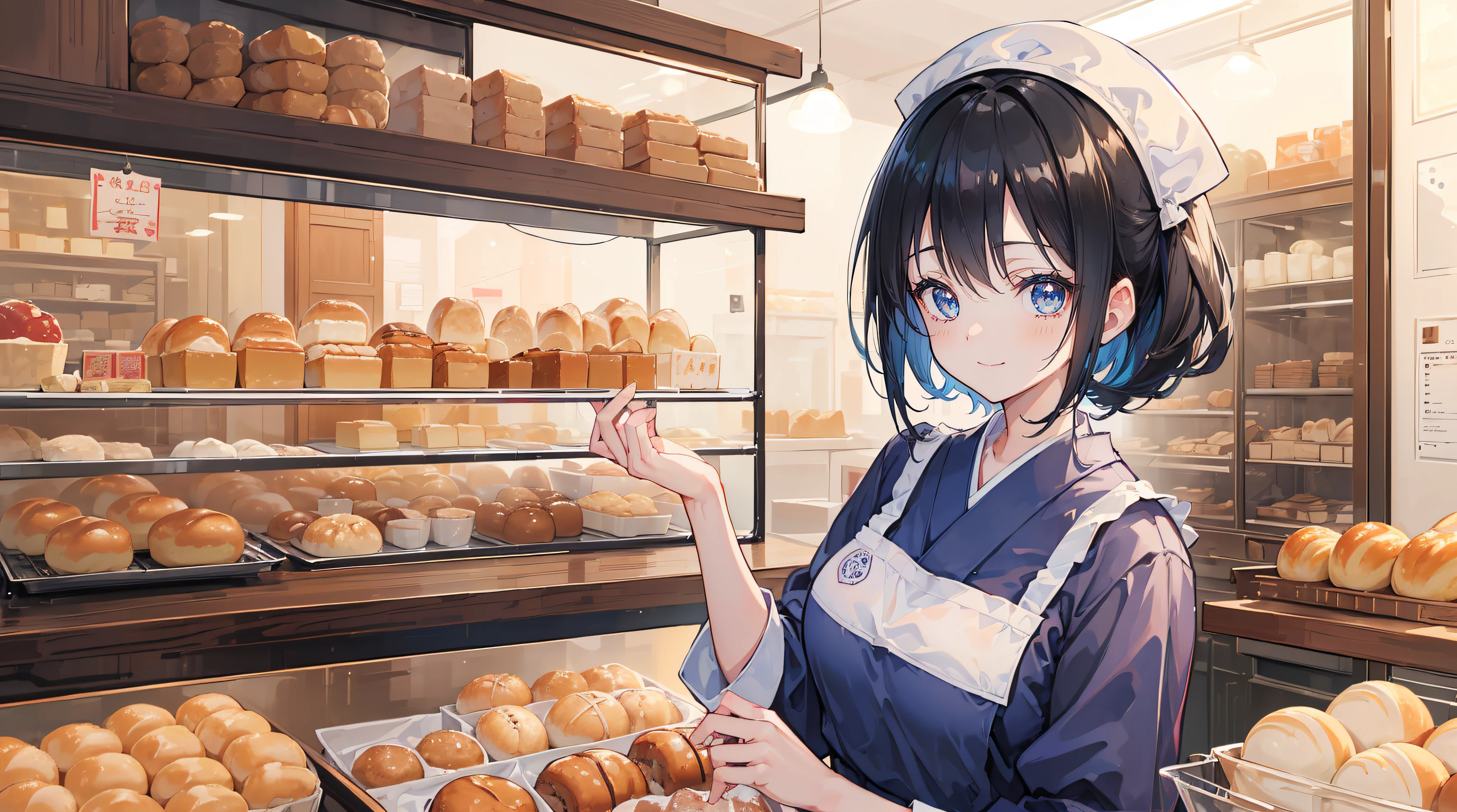 (Best Quality,in 8K,masutepiece:1.37), Girl with black hair and blue eyes, Wearing a baker's uniform, Work at a traditional bakery in Japan Baking buns, Sparkling eyes, Big smile.