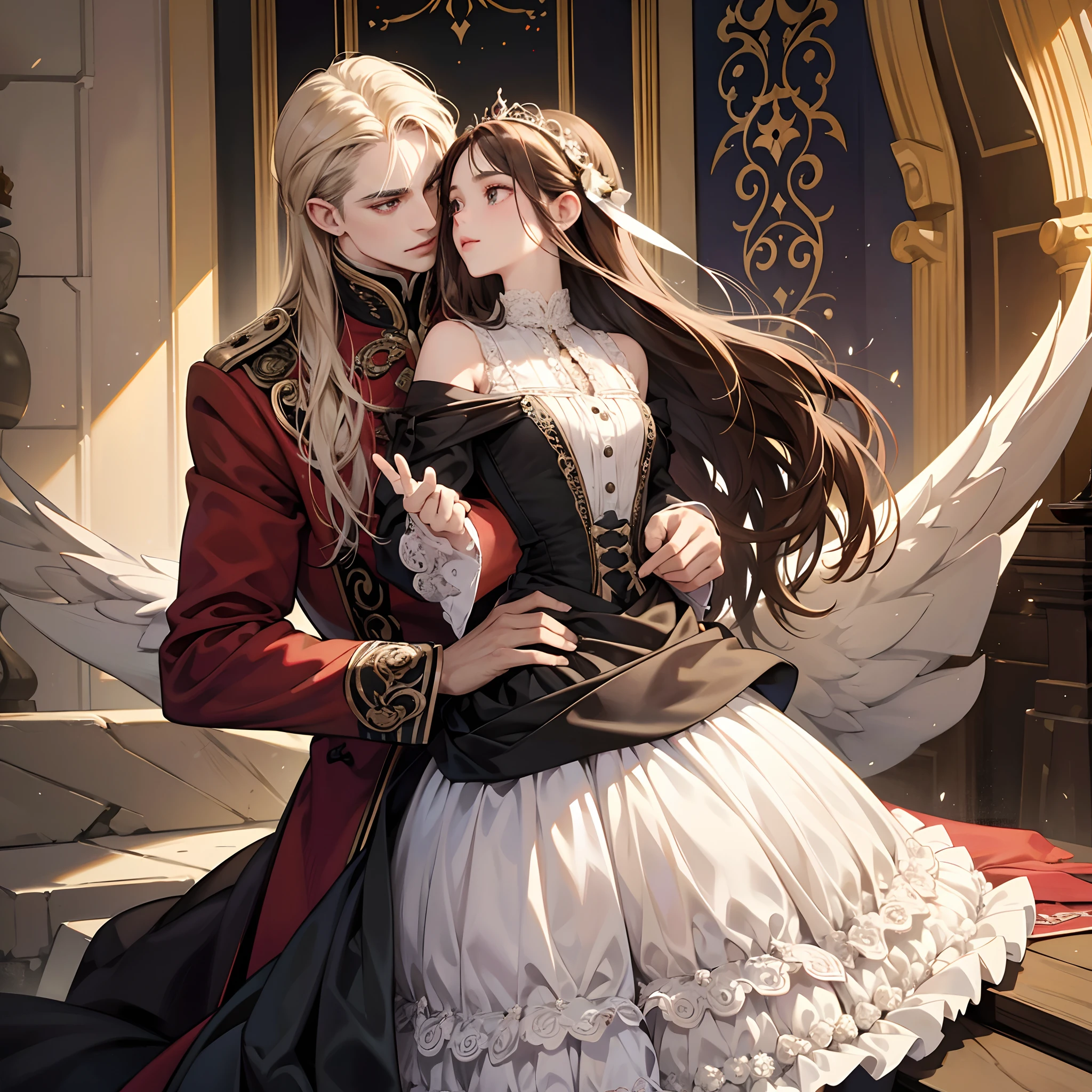 Pareja hetero ,1 hombre y 1 mujer, Besando, Long wavy brown hair, ojos de color dorado, long eyeslashes, rubor, very pale skin, hermosa, delicada, pechos medianos, small waist, Vestido, RococoStyle, Victoria Gothic Lolita Moda, Estilo Lolita,Moda Lolita, Lodress,tacones altos, cuerpo completo, dentro, en el castillo, decoraciones de lujo. cabello corto desordenado de color blanco, ojos de color rojo, pale-skin, tatuajes en su torso y brazos, half dragon, vestido de armadura, guapo, atractivo. (Diferencia de altura), cheerfulness, Amar, (abrazar), (La mujer yace en los brazos de un hombre), diferente color de cabello, chica desordenada de pelo largo, cabello rubio y negro, fantasy, primavera, sode, castillo, trono, rey, reina, realeza, nobleza, romantic, fantastical, romance novel cover, hiper detallado, la mejor calidad, arte Oficial, Cara detallada, Ojos extremadamente detallados, Altas Resoluciones, Ultra detallado, Obra maestra