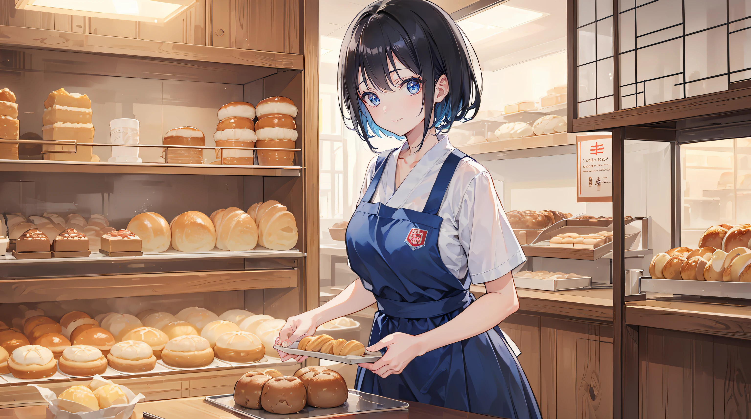 (Best Quality,in 8K,masutepiece:1.37), Girl with black hair and blue eyes, Wearing a baker's uniform, Work at a traditional bakery in Japan Baking buns, Sparkling eyes, Big smile.