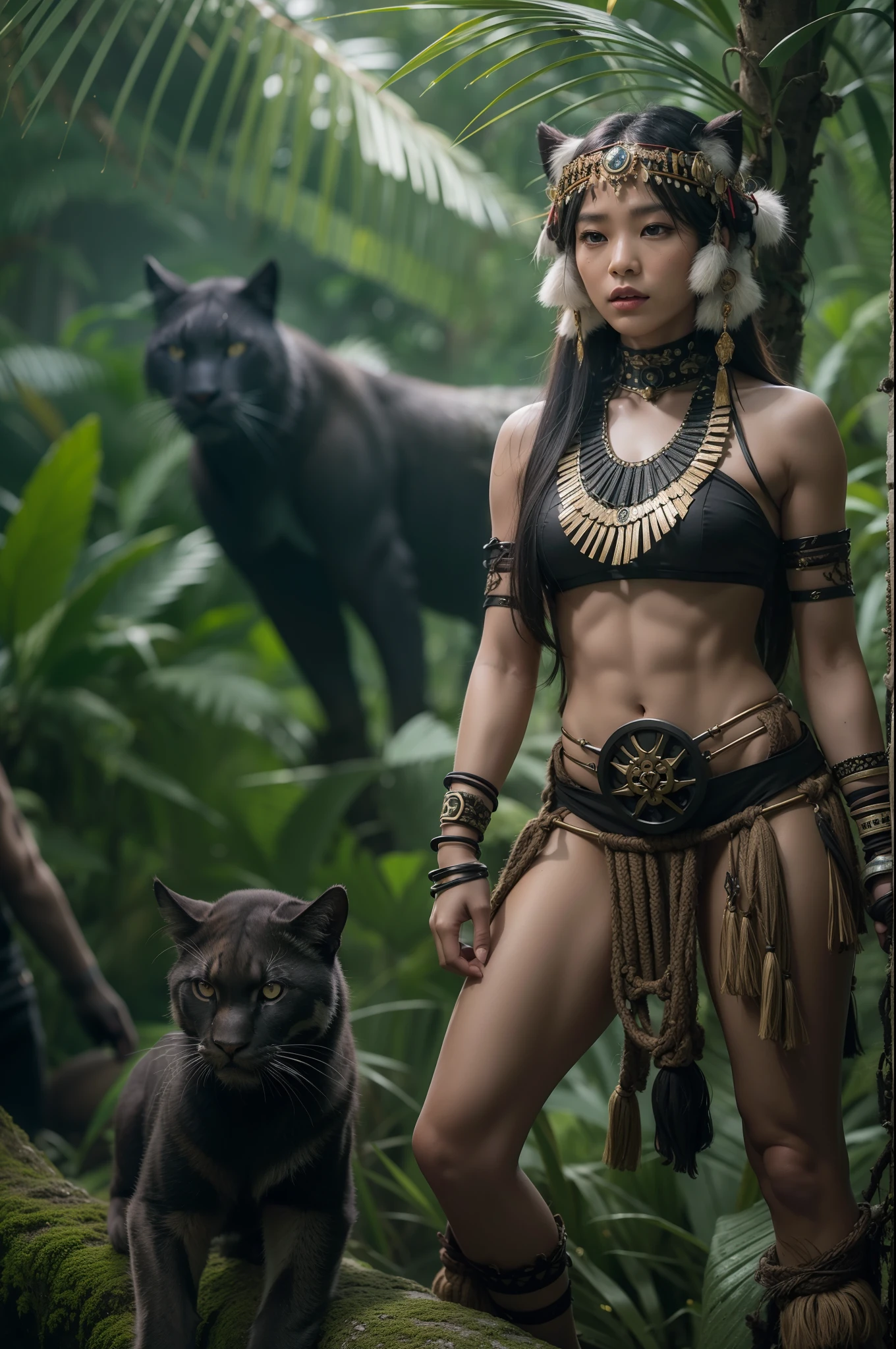 1 Indigenous Borneo women, (((Slender Abs:1.1))), Wearing tribal headdresses and hunting gear, Standing hero pose with big and fierce black panther, Battle Scar Cover, tribal tattoos, No upper and lower body in the dress, Stretch one leg on a rock, Open your legs wide to show your chest, Hyper realistic, Lifelike texture, Dramatic Lighting, nikon RAW photo, 8K, 富士XT3, Citrine Dream Mix, masutepiece, Best Quality, Realistic, Naked, Show , (Photorealistic:1.4), ultra-detailliert, entire body visible, (Highly detailed CG Unity 8k wallpaper,masutepiece, Best Quality, Ultra-detailed),(Best Illumination, Best Shadow, extremely delicate and beautiful), (Powerful and feminine), (jungle setting, depth of fields, The tree々Sunlight shines in from between, Leaves, verdant, Spirit Animal)