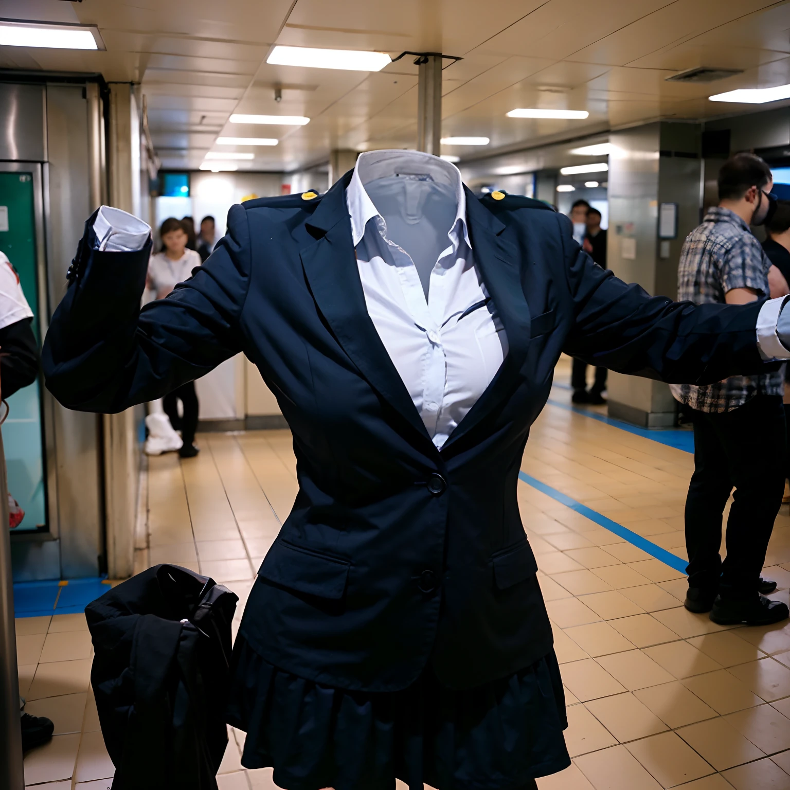 school uniform, ((invisible, no humans:1.5, headless:1.5, handless, legless)), (big breast), close-up to breast, (extremely detailed), (photo realistic), (photon mapping), in crowded train