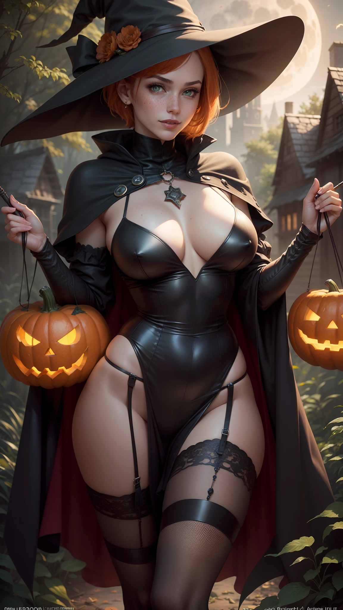 gwen tennyson,tracer,bulma,rebecca chambers,nier automata,solo girl,close up, moonlight,witch costume,gold neck jewelry,body tattoos,long skirt,garter belt,short hair,witch hat,fishnet top, witch robes,holding a wand,pumpkin village,witch cloak,bodysuit,halloween forest,witch amulets,glowing pumpkin,green eyes,orange hair,shy smile,freckles,redhead,beautiful girl, large breasts,thigh high boots,ultra detailed,realistic,fantasy art,