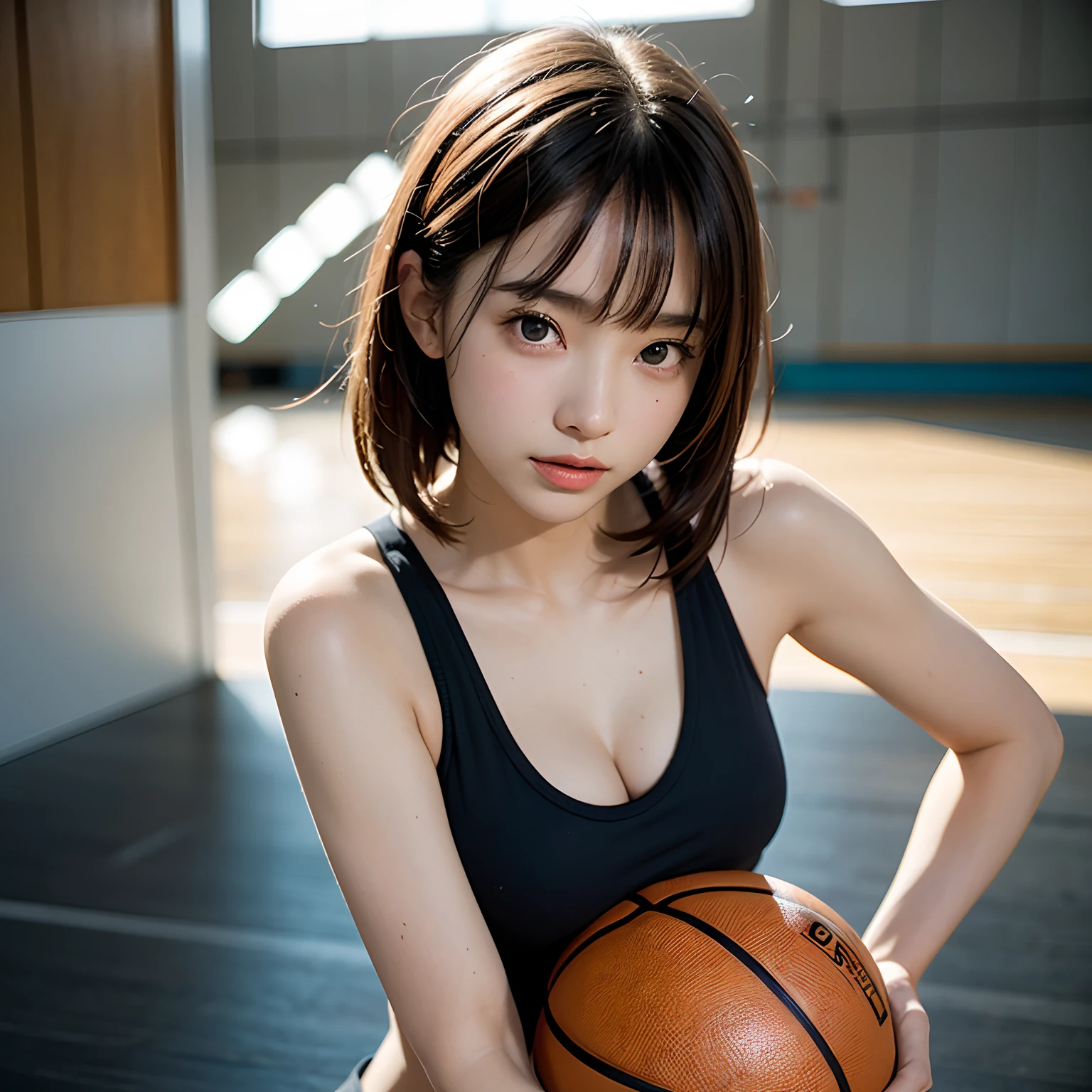 (RAW photos,4K,tmasterpiece,A high resolution,extremly intricate)(realisticlying:1.4),Cinematic lighting Delicate girl with facial features
1 Girl, Single focus, Full body like,Summer noon, Playing the Basketball,thermography, 1990's\(styled\),White skin,(Bigchest,cleavage), (Best quality), (A high resolution), (An extremely delicate and beautiful),,(Beautiful 8k face),(Brown eyes),(Ulzzang-6500:1.0),(Solo),(side looking),(Spectators),(Large breasts),(NBA),bent over,,side looking,(Side), ,(Basketball sportswear),((Play basketball)),((gymnasium)),((Speed)),(reality),(jiayi:1.5), closeup cleavage, tmasterpiece, best qualtiy, RAW photogr, realisticlying, the face, Incredibly Ridiculous res, beuaty girl, adolable, short detailed hair, depth of fields, A high resolution, ultra - detailed, finedetail, The is very detailed, Extremely detailed eyes and face, Sharp pupils, realistic pupil, tack sharp focus, cinmatic lighting