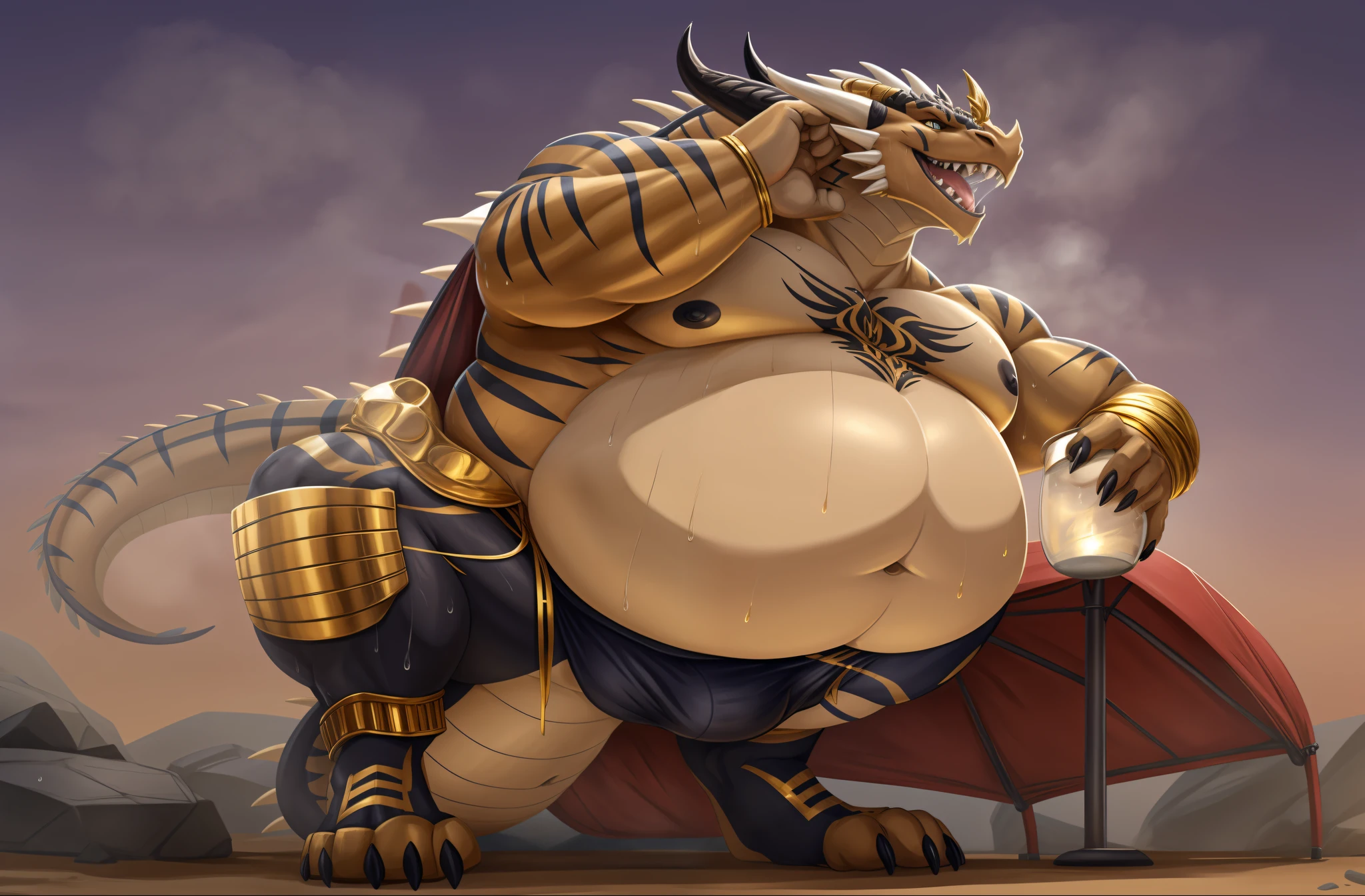 Bulge growth, black anthro dragon, gold accents, gold stripes, sweating, sweat, grey belly, fat, growing belly, belly, big navel