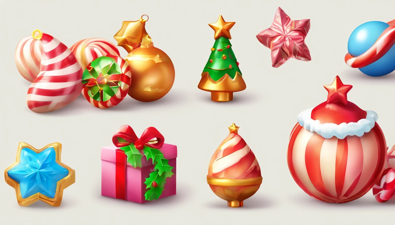 3D vector set of Christmas icons in the style of Ateigailan, Mix realistic and fantastical elements, Realistic and highly detailed rendering of Candy Core, low poly, Soft muted color palette, Watercolor separation type on white