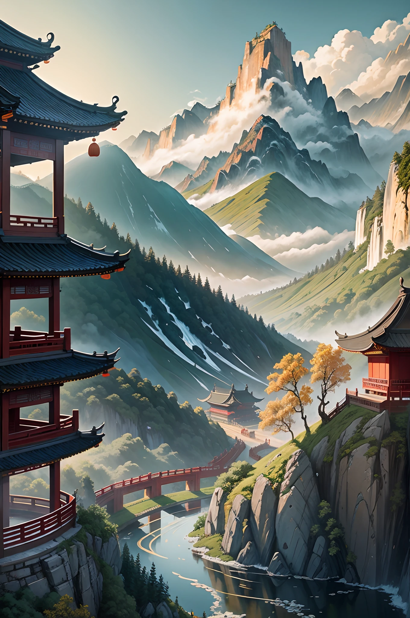 ancient chinese painting, ancient chinese background, mountains, river, auspicious clouds, pavilions, sunlight, masterpiece, super detail, epic composition, ultra hd, high quality, extremely detailed, official art, unified 8k wallpaper, super detail, 32k