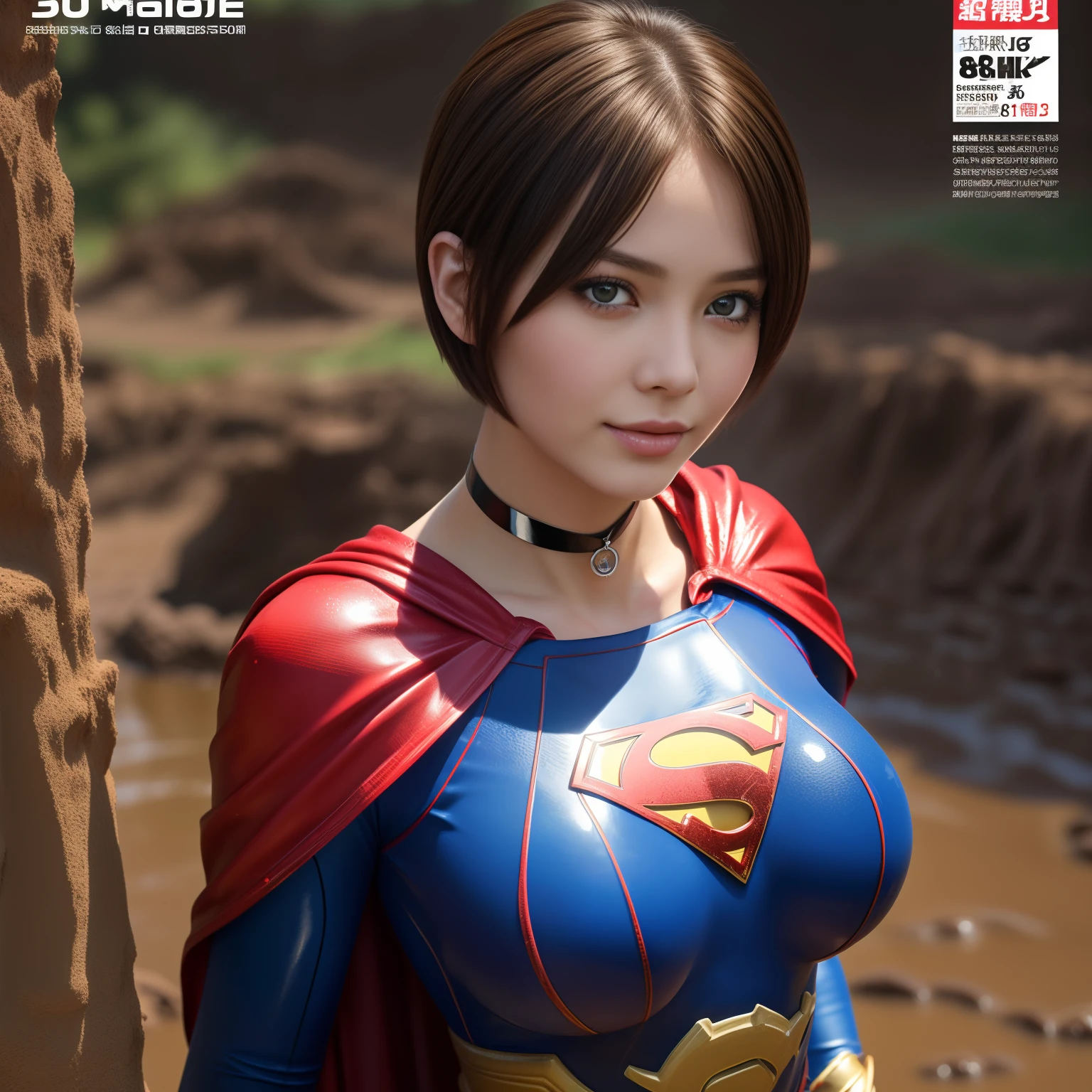 (Best Quality,4K,8K,hight resolution,masutepiece:1.2),Ultra-detailed,Realistic:1.37,Super masterpiece,Short-haired Supergirl sandwiched between mud walls、large full breasts、Looking at the camera、Glossy costume、a choker、Covered in mud、Weekly magazine cover、Splattering droplets