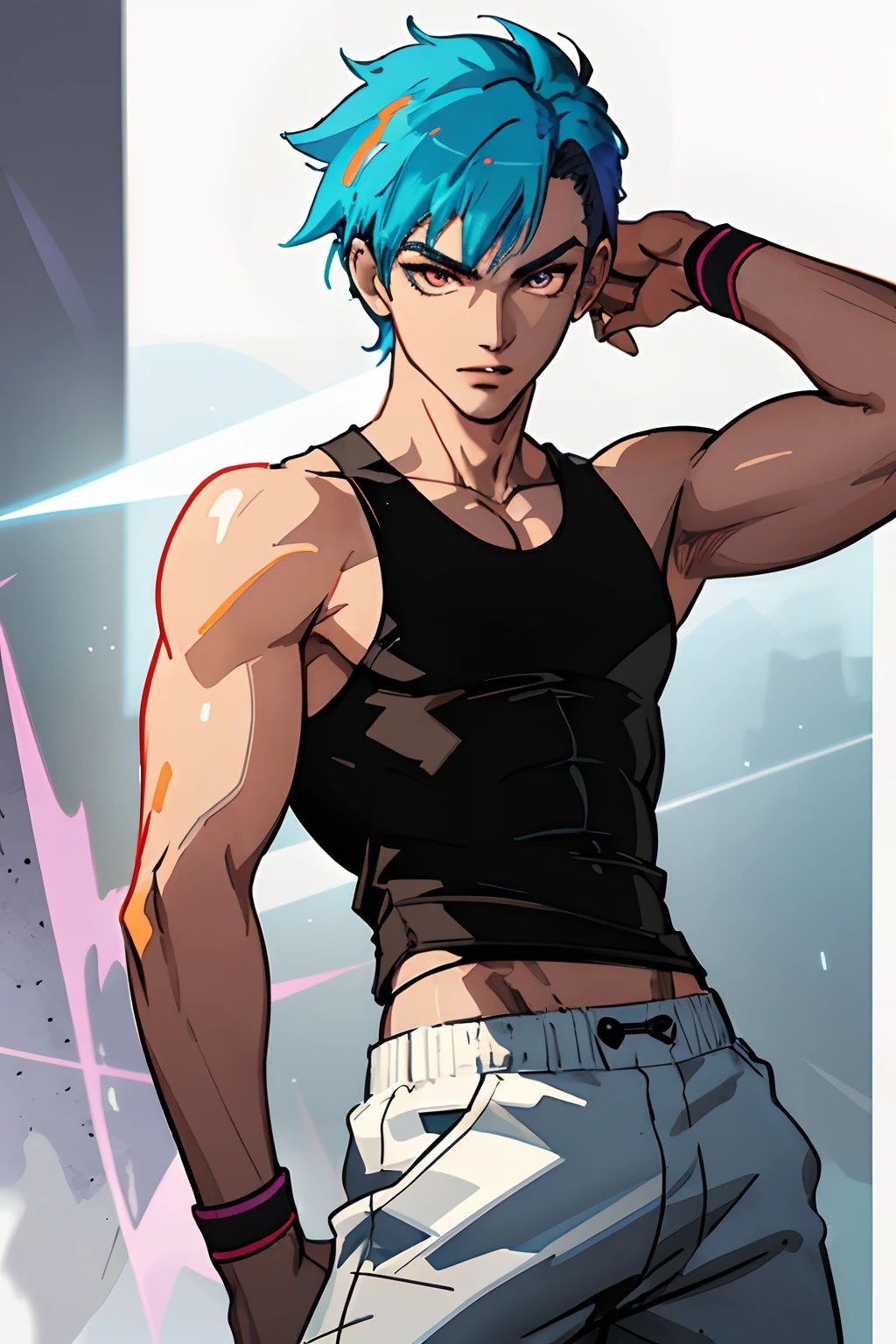 Man in a white beater tank top and dark pants, Back on 74; (((Best quality))) master piece vector illustration; anime character in sharp focus; detailed and vibrant anime face;  character design; beautiful and vibrant digital art, hyperdetailed; overexaggerated features; Dynamic Lighting; Volumetric Lighting in 8k, Ultra Sharp Focus; intricate Artwork Masterpiece