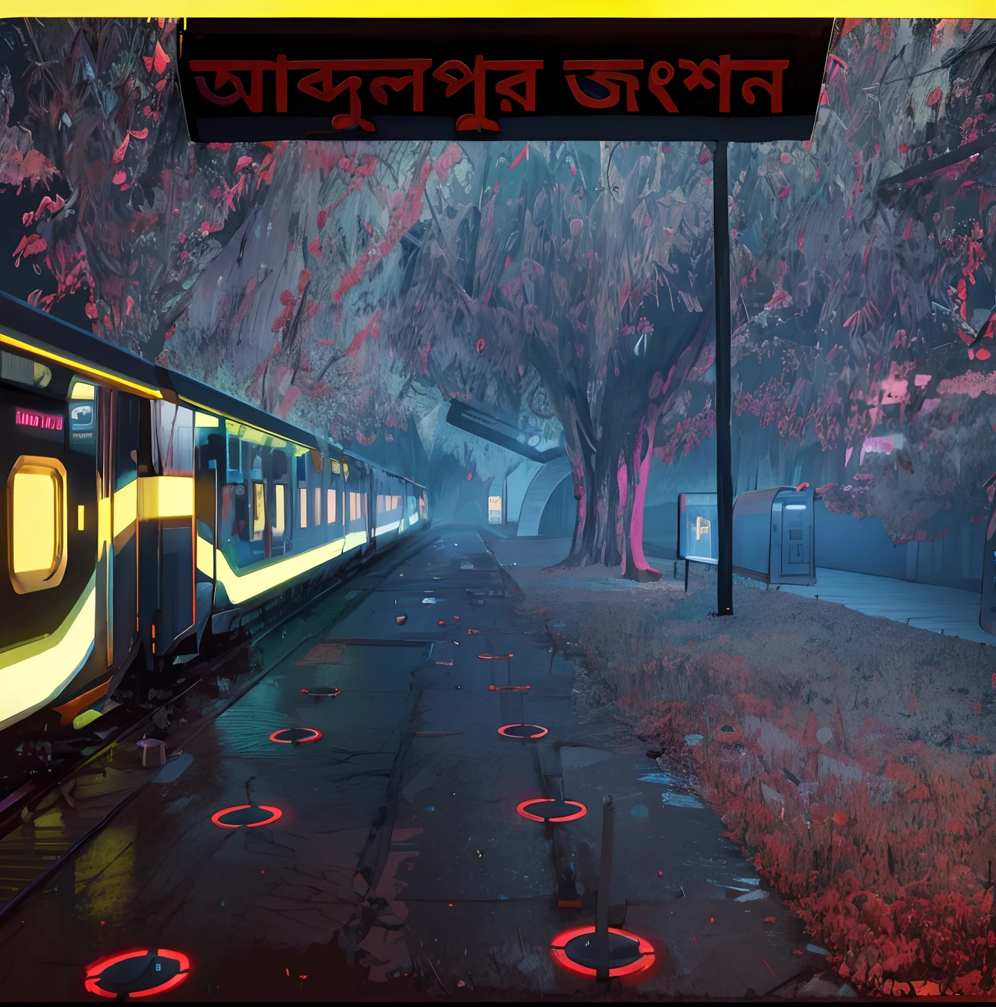 landscape, scenery, no humans, semi realistic, masterpiece, sharp focus, ultra detailed, absurdres, highres, dynamic lighting, cybernetic background, night, arrogant, bloom, (glow), flat color, station, subway