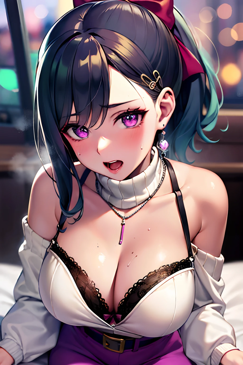 absurderes、high resolusion、(masterpiece)、best qualtiy、(perfect anatomia)、ighly detailed, anime illustrated, (depth of fields)、bokeh dof, (Lori, Chiquita), Short hair, Black hair, 1girl in, yakumodd, Long hair, Ponytail, Hair Bow, Triangle Earrings, cleavage cutout, mole in breast, Purple skirt, White sweater, turtle neck, Belt bag, Necklace, Long sleeves, hair clips, Reaching out, amusement park, Standing, Intense libido, Teary-eyed,Skin shiny with sweat, Open mouth, NSFW, Looking at Viewer, Cat-eared headband, Metal collar, grabbing on breasts, (pink bra), sitting on a bed, Heart-shaped pupil, steam, Sweat, From above, POV, Focus,