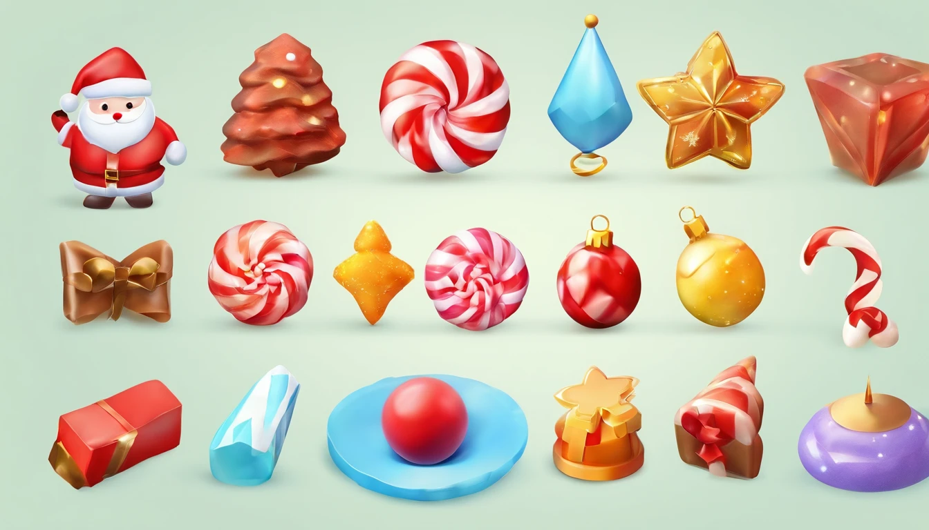 3D vector set of Christmas icons in the style of Ateigailan, Combine realistic and fantastical elements, Realistic and highly detailed rendering of Candy Core, low poly, Soft muted color palette, Watercolor separation type on white background