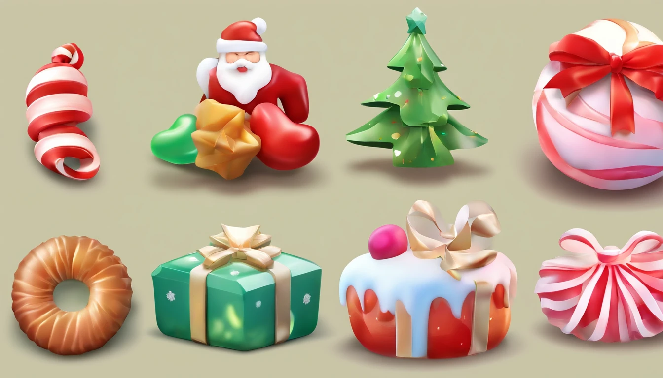 3D vector set of Christmas icons in the style of Ateigailan, Combine realistic and fantastical elements, Realistic and highly detailed rendering of Candy Core, low poly, Soft muted color palette, Watercolor separation type on white background