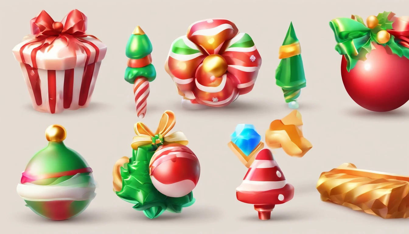 3D vector set of Christmas icons in the style of Ateigailan, Combine realistic and fantastical elements, Realistic and highly detailed rendering of Candy Core, low poly, Soft muted color palette, Watercolor separation type on white background