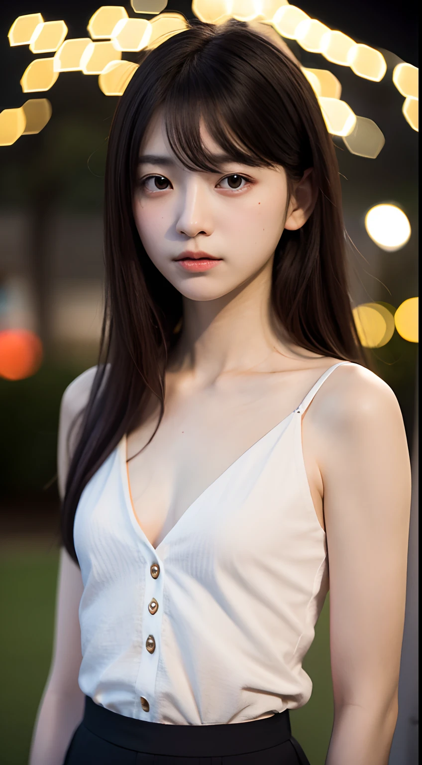 masutepiece, Best Quality, 8K, :13.een, Raw photo, absurderes, award winning portrait, Solo, Night, neons, Idol face, violaceaess, gardeniass, Delicate girl, Upper body, Digital SLR, Looking at Viewer, Candid, Sophisticated, zora々Right, Thin arms, Professional Lighting, Film grain, chromatic abberation, (Eyes and faces with detailed:1.0), (Bokeh:1.1)、Pink blouse、tiny chest、cleavage、White pants