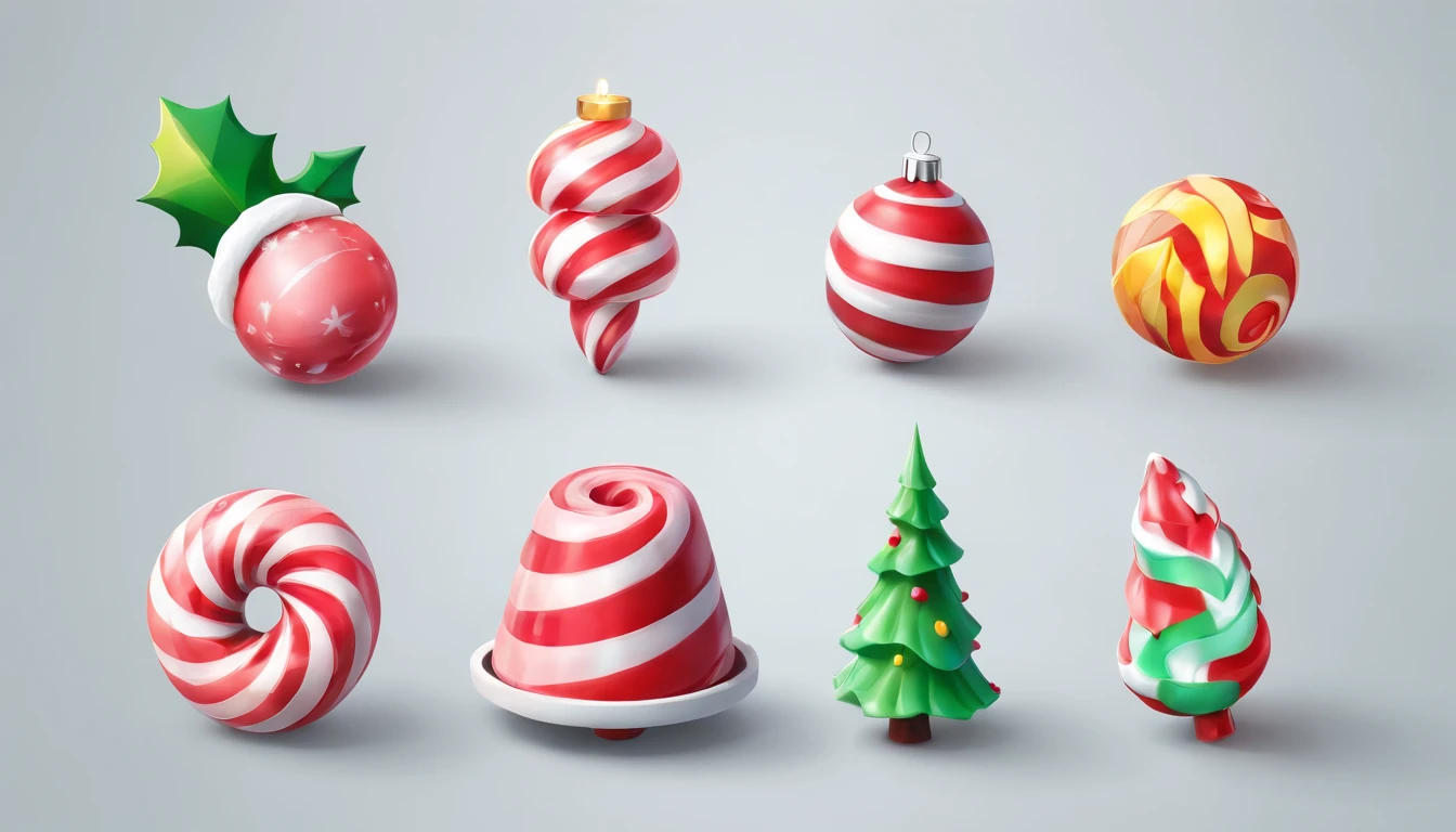 3D vector set of Christmas icons in the style of Ateigailan, Combine realistic and fantastical elements, Realistic and highly detailed rendering of Candy Core, low poly, Soft muted color palette, Watercolor separation type on white background