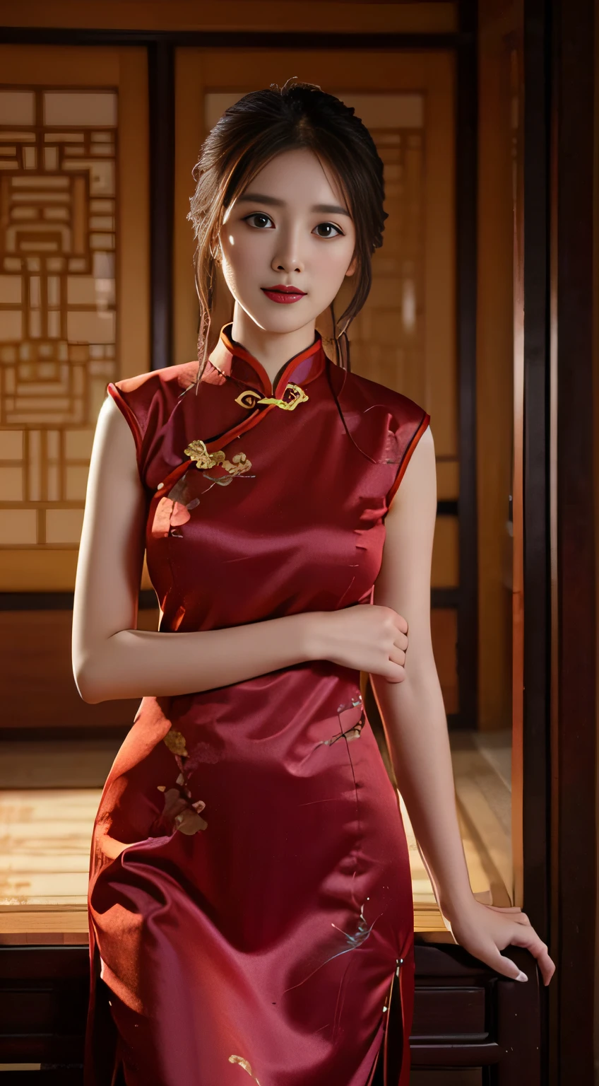 araffe woman in a red dress posing for a picture, wearing red dress, wearing a red cheongsam, lovely woman, wearing a red dress, red short dress, beautiful asian girl, sexy red dress, red dress, with beautiful exotic, in red and black, asian girl, cheongsam, in a red dress, black and red dress
