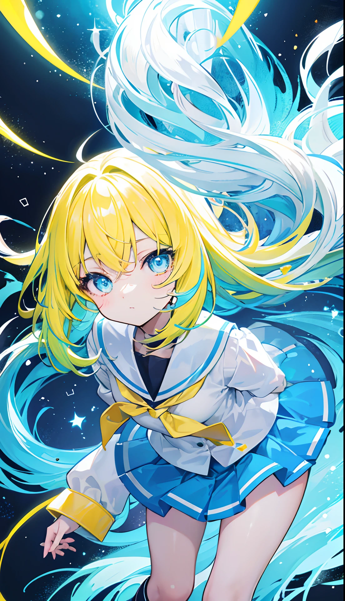 Glowing light bluish yellow with hair and pupils,They are also fluorescent,A school uniform in a glowing blue, yellow, and white color,Very tender and shiny face,It also fluoresces,The whole is shining,It's a sweet loli girl