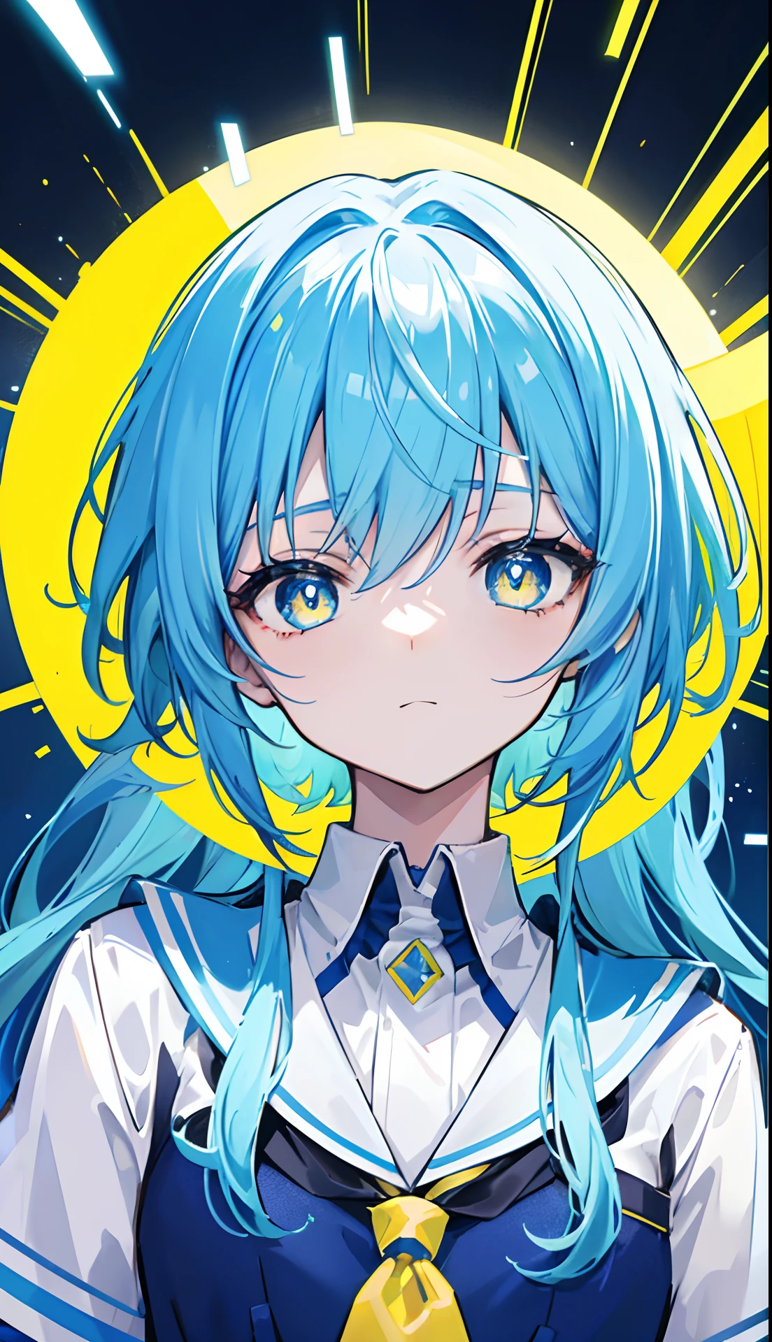 Glowing light bluish yellow with hair and pupils,They are also fluorescent,A school uniform in a glowing blue, yellow, and white color,Very tender and shiny face,It also fluoresces,The whole is shining,It's a sweet li girl