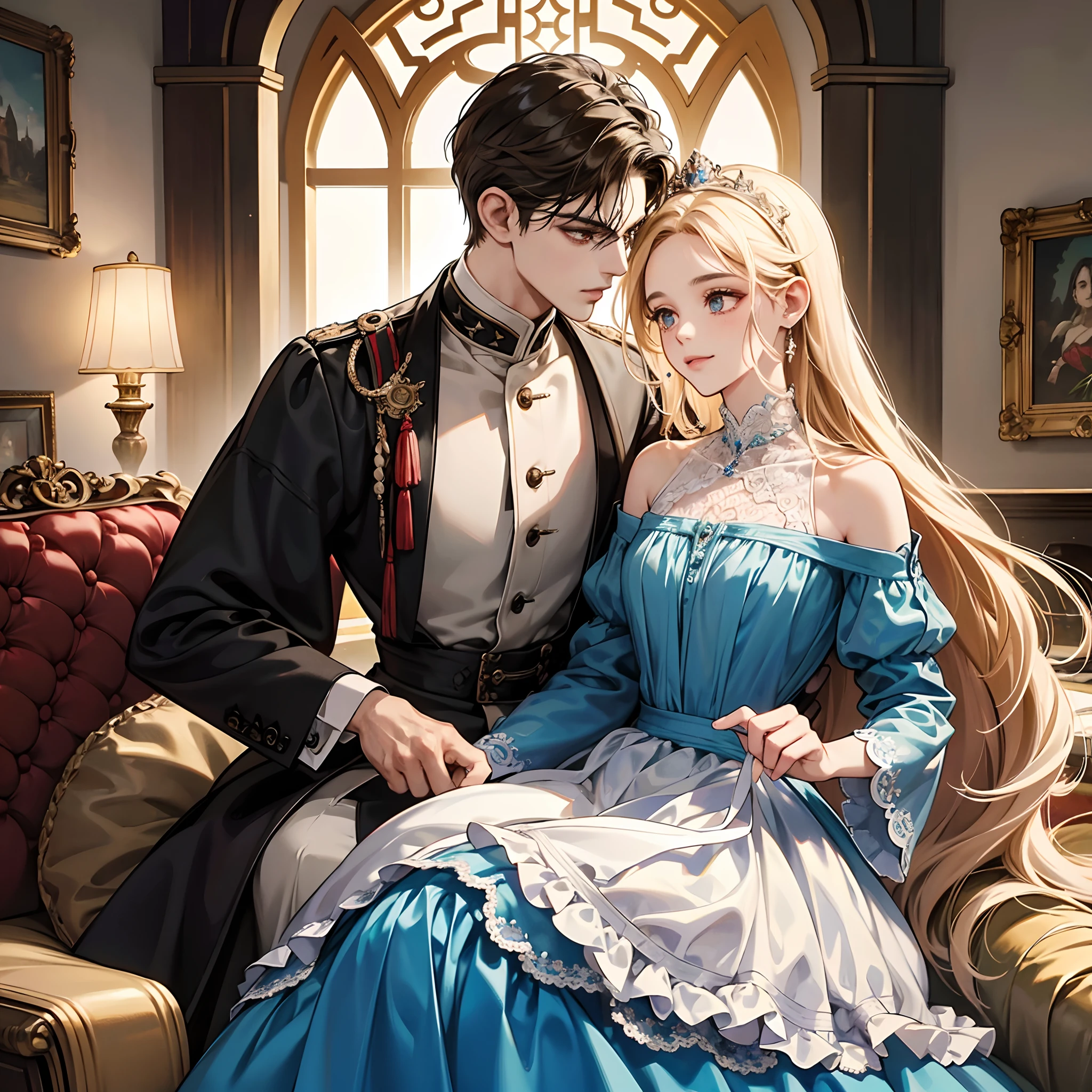 Pareja hetero ,1 Hombre y 1 Mujer, Besando, (Diferencia de altura), cheerfulness, Amar, (abrazar), (La mujer yace en los brazos de un hombre), 1 woman with very long wavy light brown hair, ojos de color dorado, long eyeslashes, rubor, very pale skin, hermosa, delicada, pechos medianos, small waist, Vestido de tonos claros, RococoStyle, Estilo Lolita, Lodress, tacones altos, cuerpo completo, dentro, en el castillo, decoraciones de lujo. 1 Hombre alto, de cuerpo fuerte, (taller than women)cabello semi largo de color blanco, ojos de color rojo, pale-skin, tatuajes en su torso y brazos, half dragon, armadura, guapo, atractivo. Diferente color de cabello, fantasy, primavera, sode, castillo, trono, rey, reina, realeza, nobleza, romantic, fantastical, romance novel cover, hiper detallado, la mejor calidad, arte Oficial, Cara detallada, Ojos extremadamente detallados, Altas Resoluciones, Ultra detallado, Obra maestra.