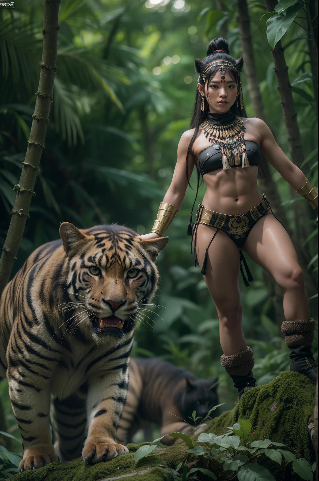 1 Indigenous Borneo women, (((Slender Abs:1.1))), Wearing tribal headdresses and hunting gear, Standing hero pose with big and fierce black panther, Battle Scar Cover, tribal tattoos, No upper and lower body in the dress, Stretch one leg on a rock, Open your legs wide to show your chest, Hyper realistic, Lifelike texture, Dramatic Lighting, nikon RAW photo, 8K, FujifilmXT3, Citrine Dream Mix, masutepiece, Best Quality, Realistic, Naked, Show , (Photorealistic:1.4), ultra-detailliert, entire body visible, (Highly detailed CG Unity 8k wallpaper,masutepiece, Best Quality, Ultra-detailed),(Best Illumination, Best Shadow, extremely delicate and beautiful), (Powerful and feminine), (jungle setting, depth of fields, The tree々Sunlight shines in from between, Leaves, verdant, Spirit Animal)