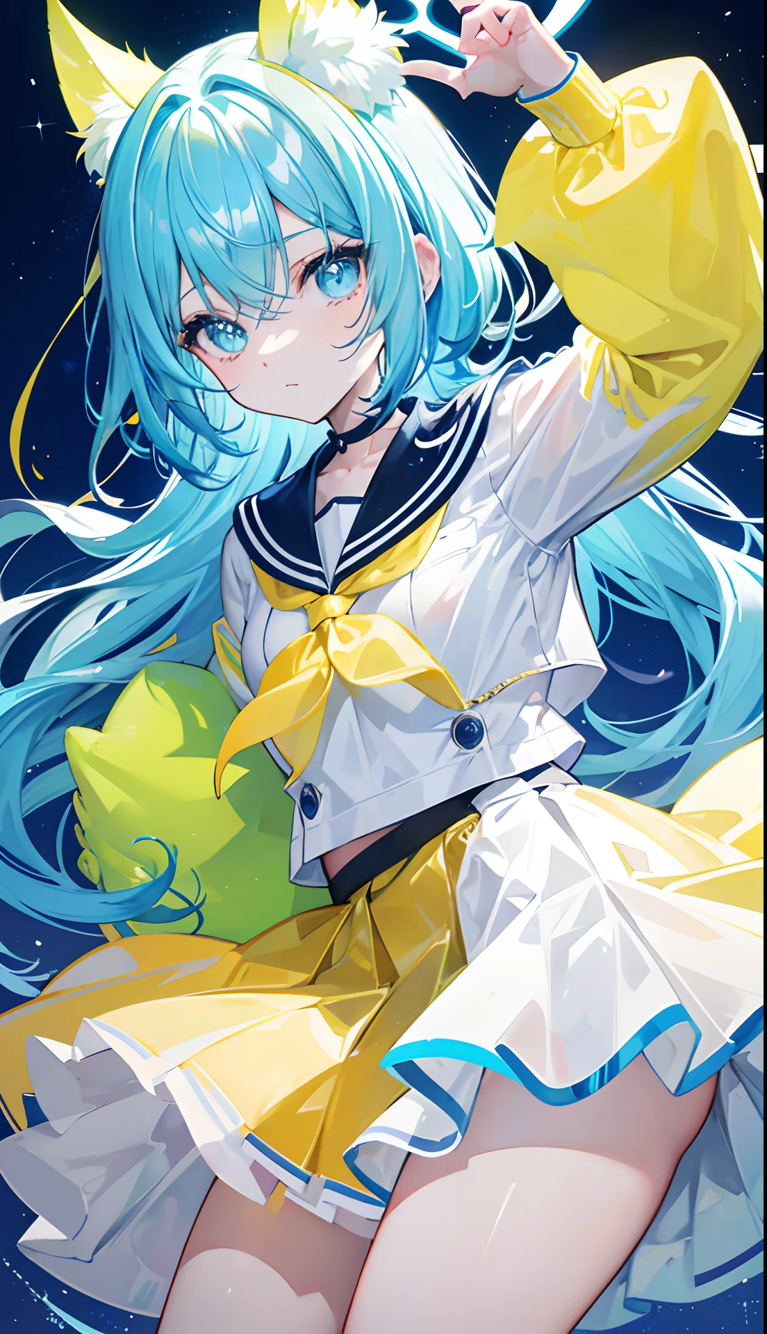 Glowing light bluish yellow with hair and pupils,They are also fluorescent,A school uniform in a glowing blue, yellow, and white color,Very tender and shiny face,It also fluoresces,The whole is shining,It's a sweet li girl