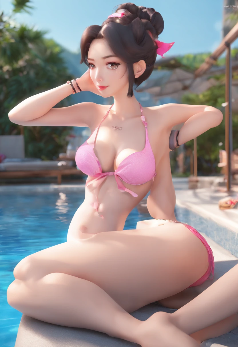 Woman with legs spread in an M shape by the pool、Red color swimsuit、Model taken from below、Beautiful white skin、Black Shorthair、Pose with right hand on the back of the head to show the side、Pose showing armpits、M-shaped sitting pose、Looking at this、Condescending eyes、modeled、sexy pose、Sexy swimming costume、The swimsuit can be taken off and the right boob can be seen、pink nipples、I can see my nipples、beautiful boob、The cord on the right shoulder is untied、