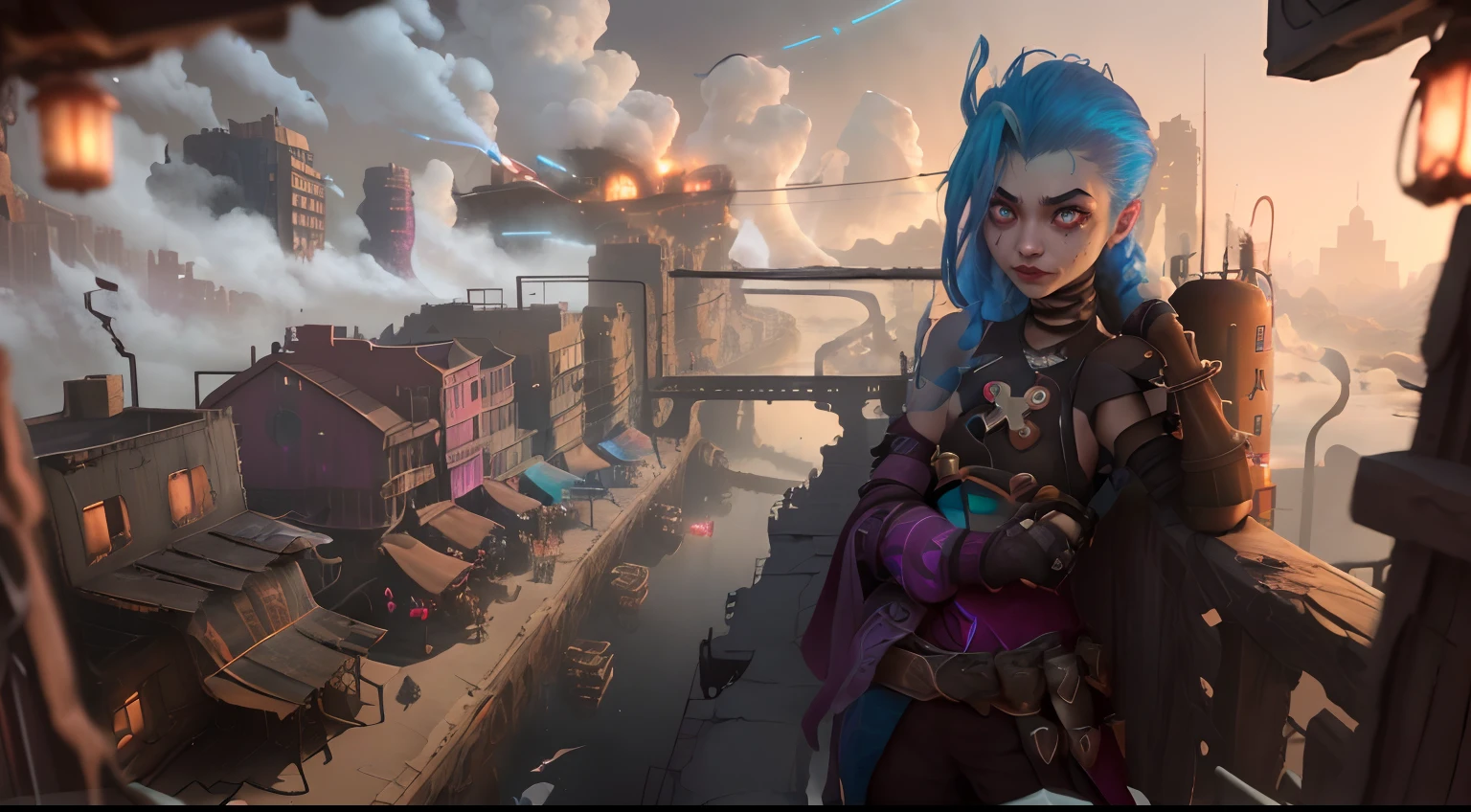 League Of legend: Vaun is a vast district connected to Piltover, which extends into the valleys and deep canyons below. The little light that reaches this «lower town», filtered by the thick smoke emanating from the interlacing of rusty pipes that it is dotted with, is reflected on the filthy windows of its buildings with industrial architecture. Zaun and Piltover were once a single city; today, these two societies are separated but live in symbiosis. Despite being perpetually engulfed in harmful fog, Zaun is a thriving city, with vibrant inhabitants and a rich culture. Piltover’s opulence allowed Zaun to develop with her in tandem, as a dark reflection of the city of the heights. Most of the goods that flow to the wealthy city end up on his sister’s black markets below, and Hextech inventors who find Piltover’s regulations too restrictive can often freely conduct their experiments, however dangerous they may be, in the depths of Zaun. The uncontrolled development of various at-risk technologies and unbridled industrialization have turned huge portions of Zaun into polluted and ill-reputed neighborhoods. Toxic tailings are stagnating in the city’s shallows, but even in these areas, residents are managing to lead their lives and thrive. (Cinematic Lighting, 16k, Best Quality, Hdr, Best Resolution, Centerpiece: 1.2) , Bokeh, Realistic photography, Canon 5d4