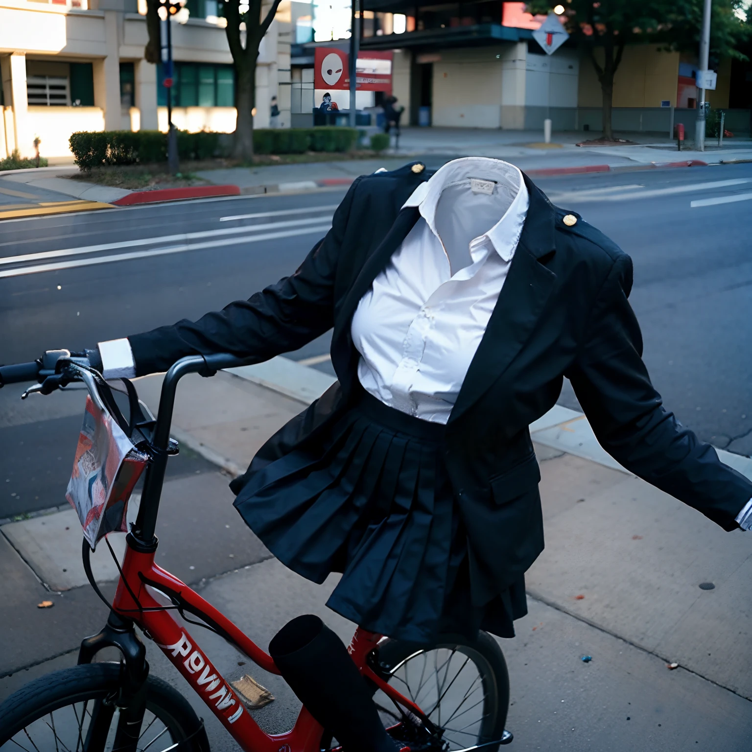 school uniform, ((invisible, no humans:1.5, headless:1.5, handless, legless)), (big breast), close-up to breast, (extremely detailed), (photo realistic), (photon mapping), ride a bike