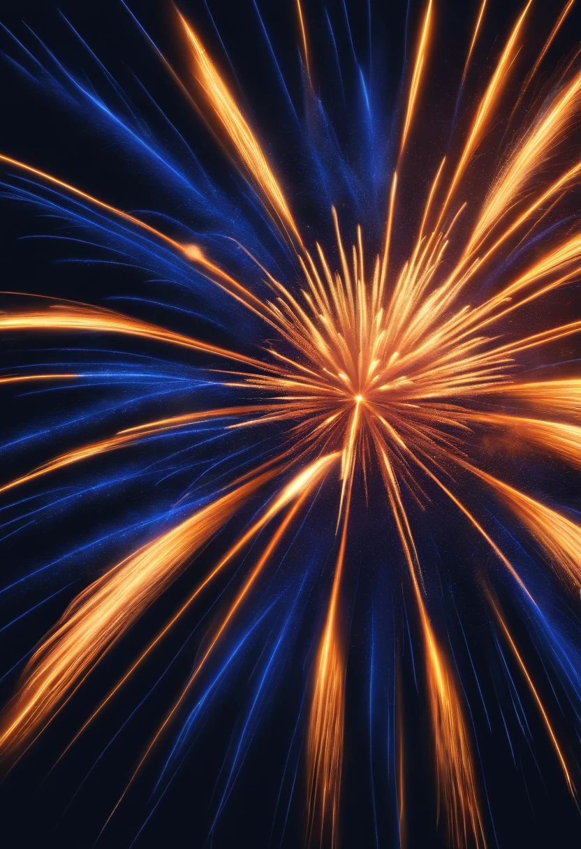 "Fireworks theme、The main color is deep blue、Secondary color is orange、Use a starry sky texture for the background、In an illustrative style、Curved and radial lines are used to depict fireworks exploding.、Draw a beautiful fireworks display in the night sky。"