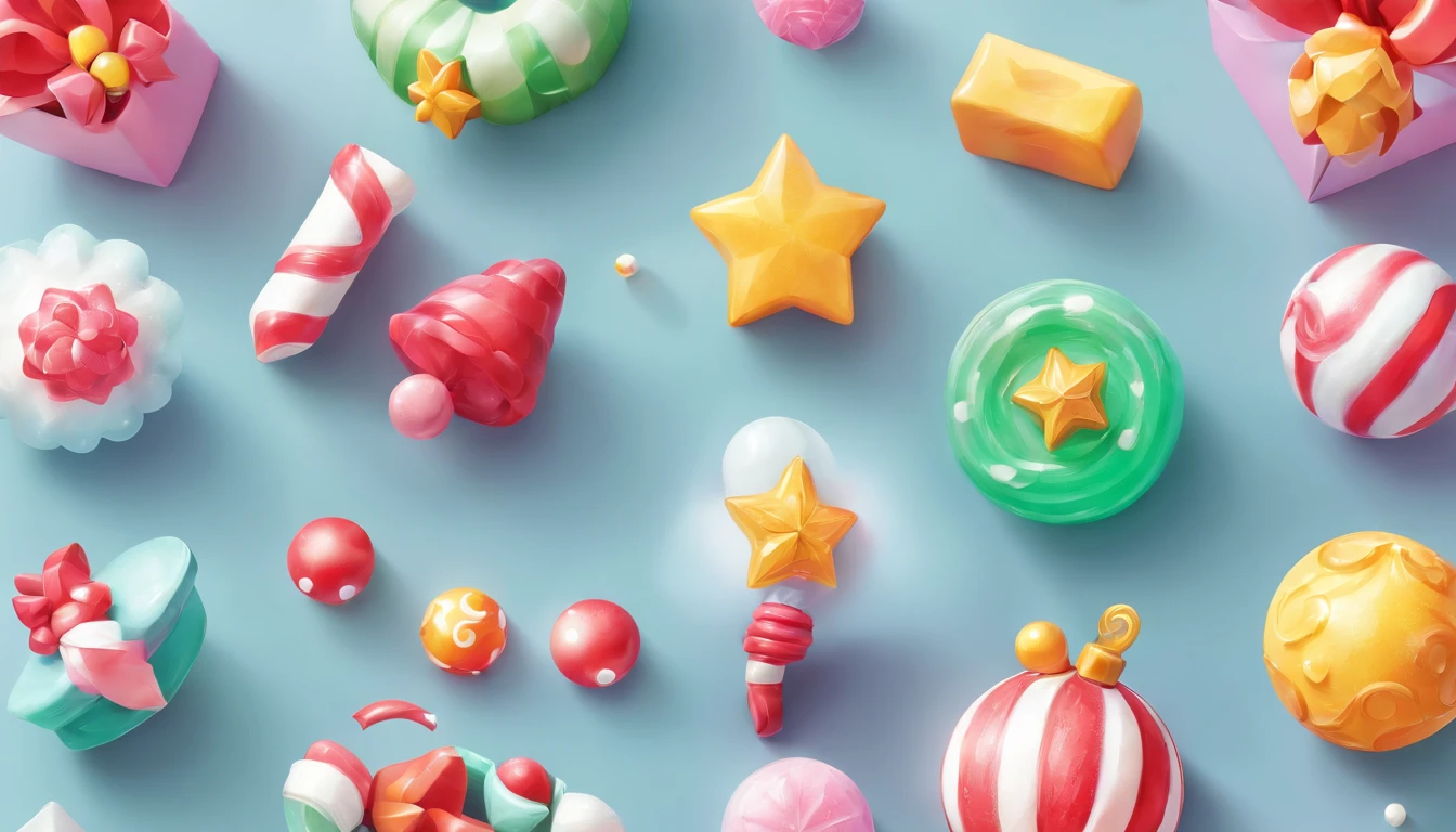 3D vector set of Christmas icons in the style of Ateigailan, Combine realistic and fantastical elements, Realistic and highly detailed rendering of Candy Core, low poly, Soft muted color palette, Watercolor separation type isolated on white background