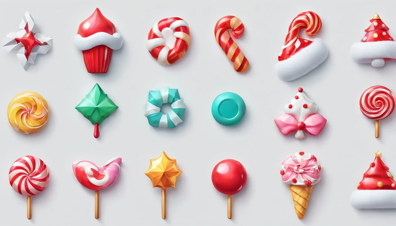 3D vector set of Christmas icons in the style of Ateigailan, Combine realistic and fantastical elements, Realistic and highly detailed rendering of Candy Core, low poly, Soft muted color palette, Watercolor separation type isolated on white background