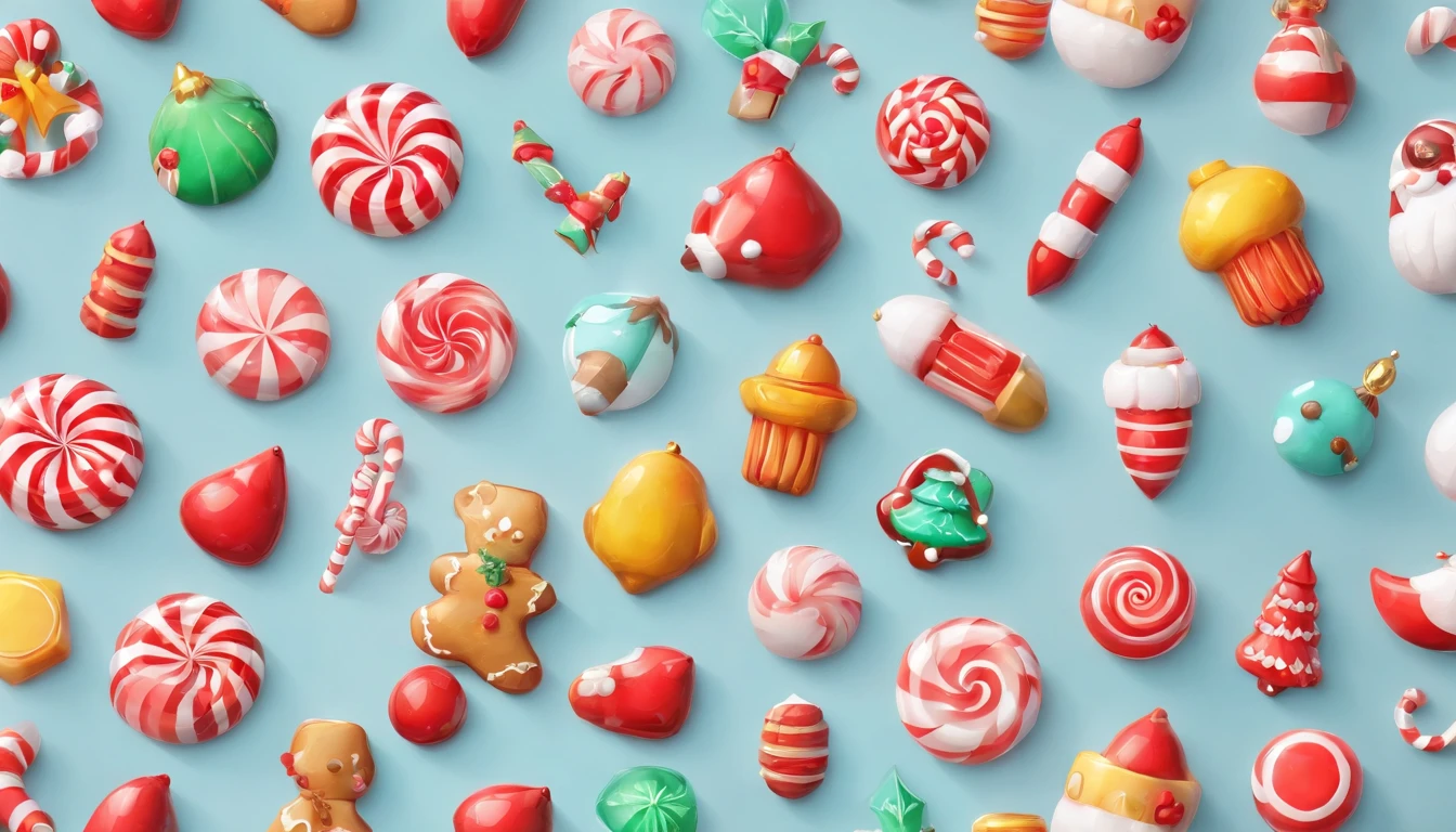 3D vector set of Christmas icons in the style of Ateigailan, Combine realistic and fantastical elements, Realistic and highly detailed rendering of Candy Core, low poly, Soft muted color palette, Watercolor separation type isolated on white background