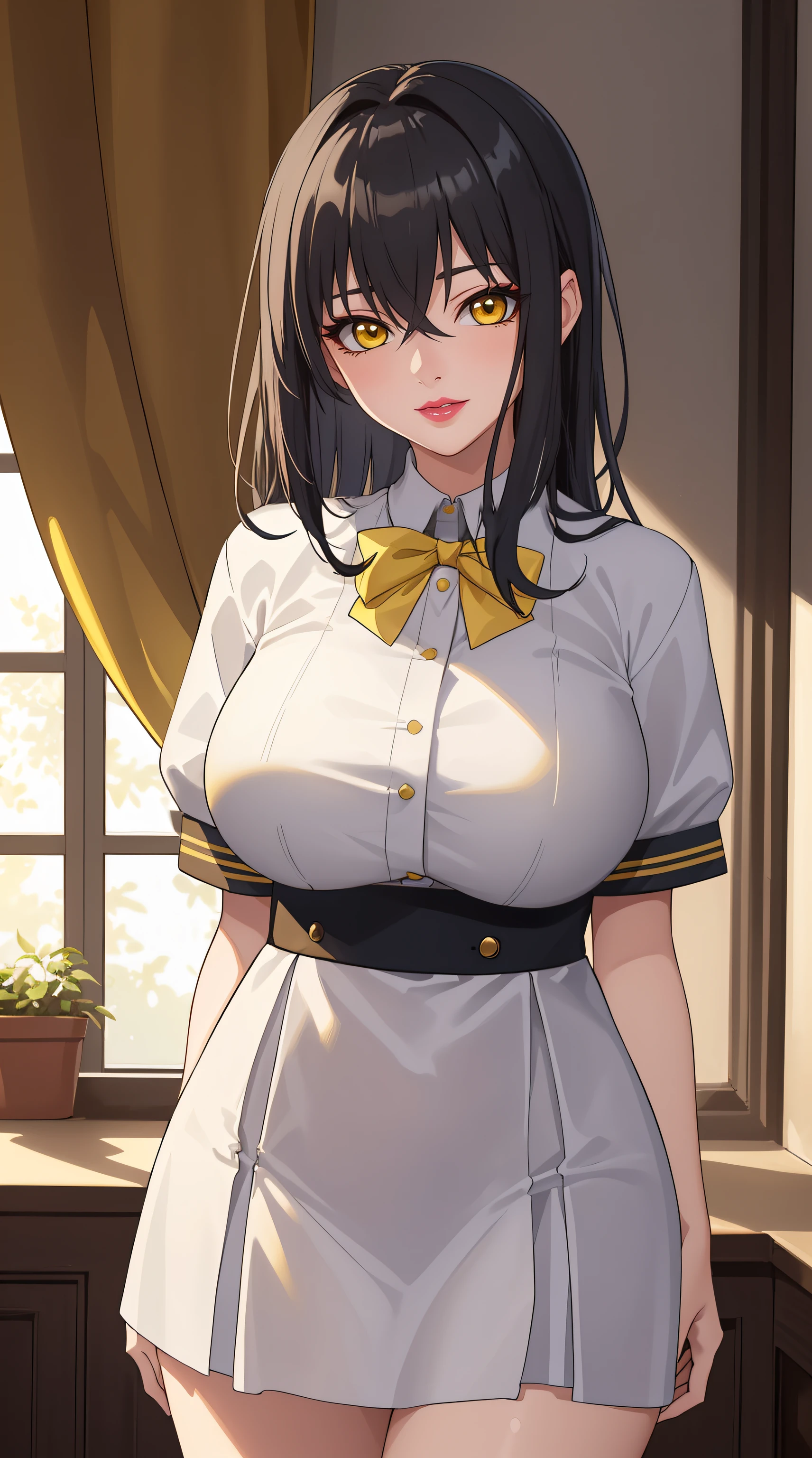 (masterpiece:1.4),(best quality:1.4),  soft lighting, cinematic bloom, beautiful face, beautiful eyes, cowboy shot,
1girl, solo, female mature, black hair, long hair, (yellow eyes:1.4), large breasts, school outfit, white outfit, highschool, hair intakes, exquisite eyes detail, exquisite character design unity details 8k hdr, professional art, landscape, (solo:1.5, 1girl:1.4, cowboy shot:1.5), sexy body, milf, 35 years old girl, big thighs, sexy waist, happy smile