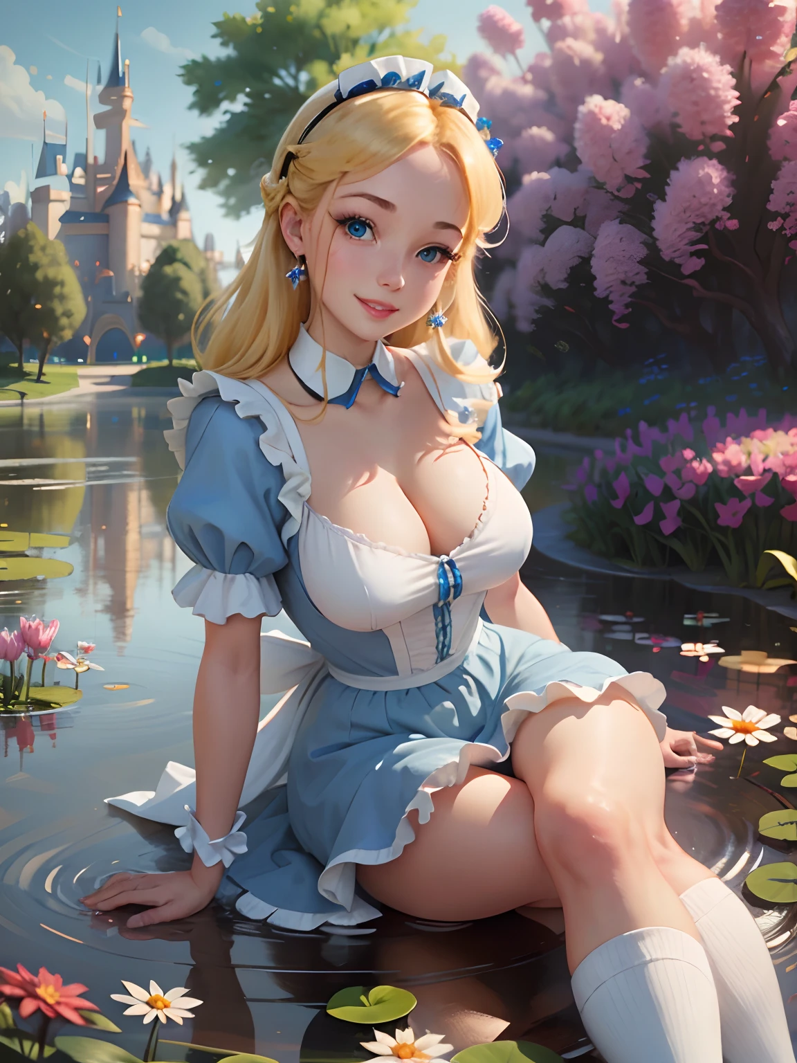 (masterpiece), (best quality), (extremely detailed), alice liddell, blue dress, white apron, black hairband, white long socks, cute pose, in a flower garden, (pond), (((disney castle at the background))), (blue sky), (sunny day), 3d. Illustration, Good Highlights, Perfect Proportions, dynamic, Professional, Award winning, (high detailed skin), (high detailed face), photorealistic, HDR, ultra highres, absurdres, perfect body shape, cute smiling, realistic figure, sexy posing, teaser lying down, perfect breast