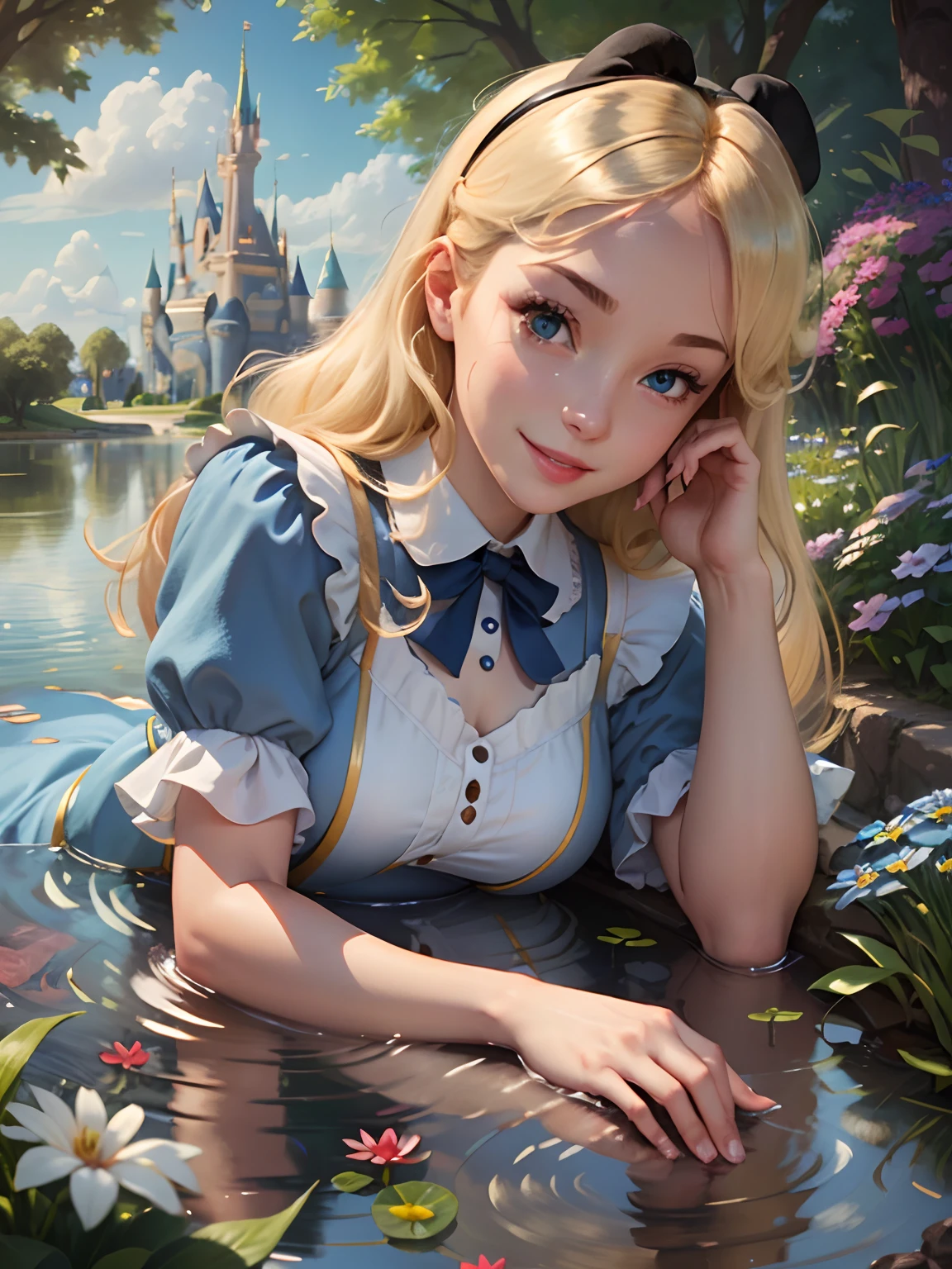 (masterpiece), (best quality), (extremely detailed), alice liddell, blue dress, white apron, black hairband, white long socks, cute pose, in a flower garden, (pond), (((disney castle at the background))), (blue sky), (sunny day), 3d. Illustration, Good Highlights, Perfect Proportions, dynamic, Professional, Award winning, (high detailed skin), (high detailed face), photorealistic, HDR, ultra highres, absurdres, perfect body shape, cute smiling, realistic figure, sexy posing, teaser lying down, perfect breast