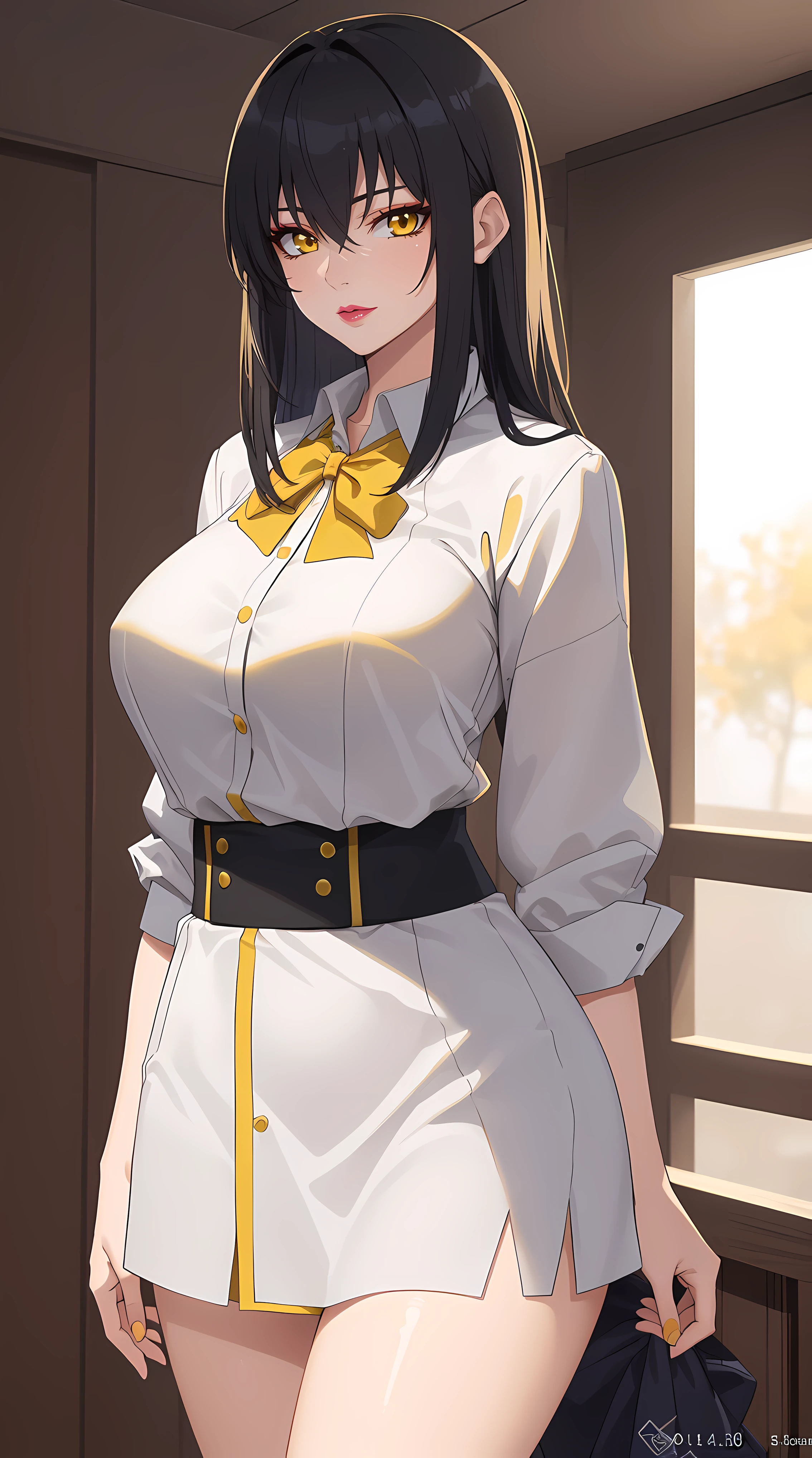 (masterpiece:1.4),(best quality:1.4),  soft lighting, cinematic bloom, beautiful face, beautiful eyes, cowboy shot,
1girl, solo, female mature, black hair, long hair, (yellow eyes:1.4), large breasts, school outfit, white outfit, highschool, hair intakes, exquisite eyes detail, exquisite character design unity details 8k hdr, professional art, landscape, (solo:1.5, 1girl:1.4, cowboy shot:1.5), sexy body, milf, 35 years old girl, big thighs, sexy waist, cheerful,